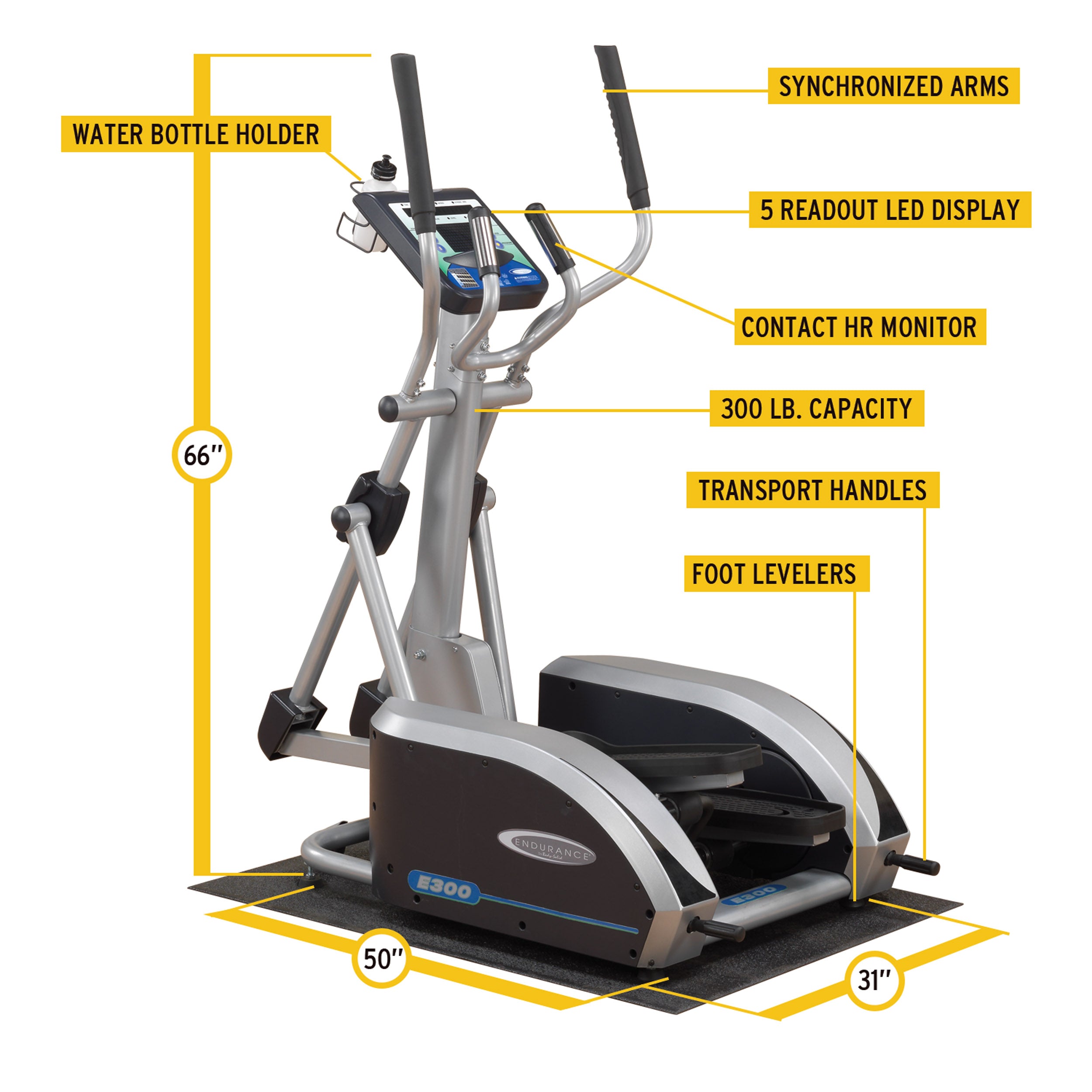 Body-Solid Endurance E300 elliptical trainer with labeled features including LED display heart rate monitor and dimensions