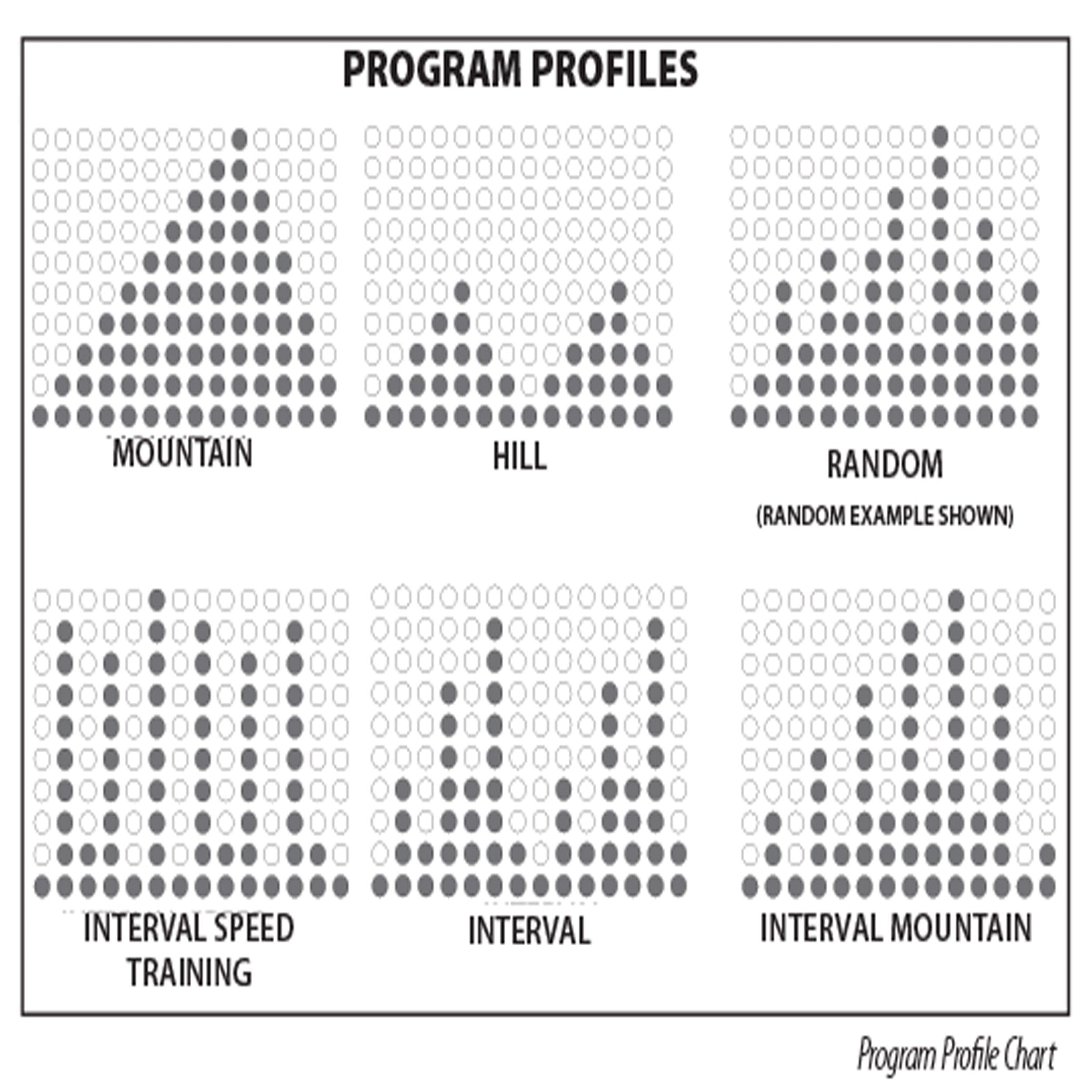 Program profile chart for Body-Solid Endurance E300 elliptical showing mountain hill random interval and speed training modes
