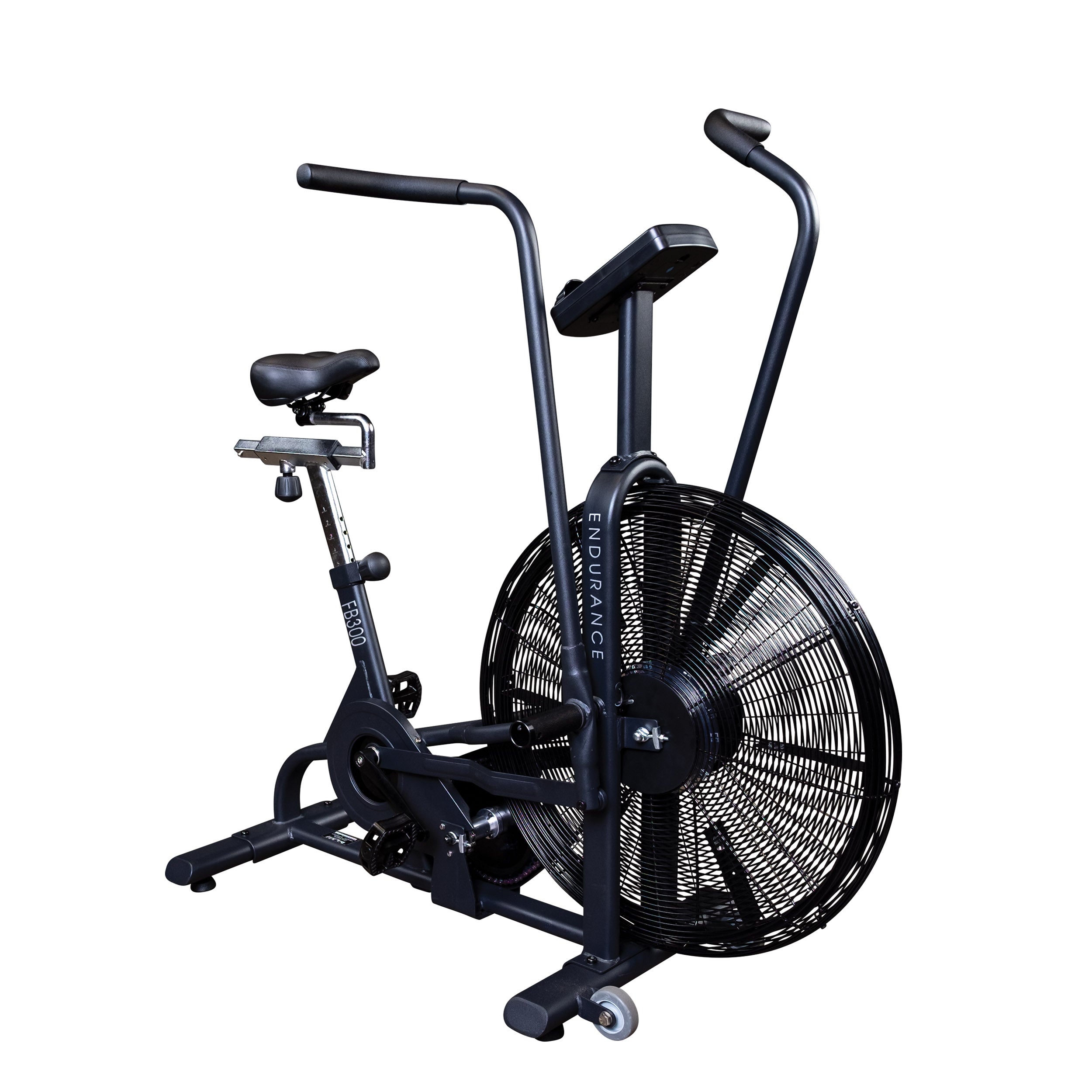 Body-Solid Endurance FB300B fan bike shown from the front left angle with air resistance fan, moving handlebars, adjustable seat, and transport wheels on a white background