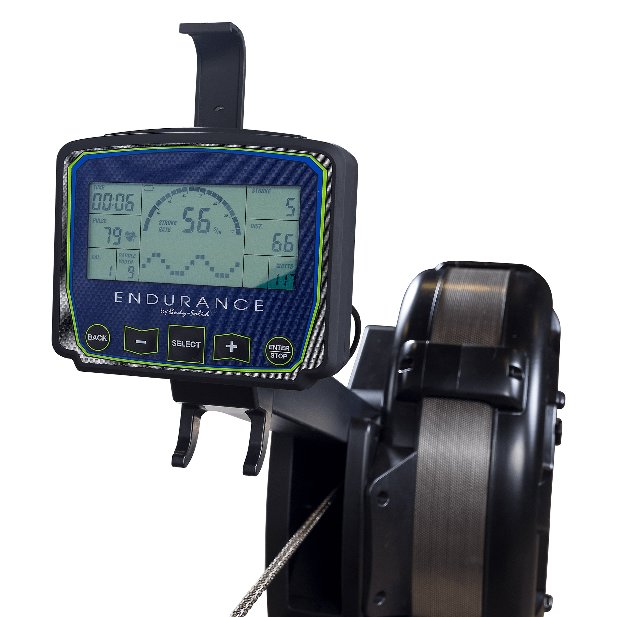 Body Solid Endurance R300 rowing machine console display showing time stroke rate distance and watts for workout tracking