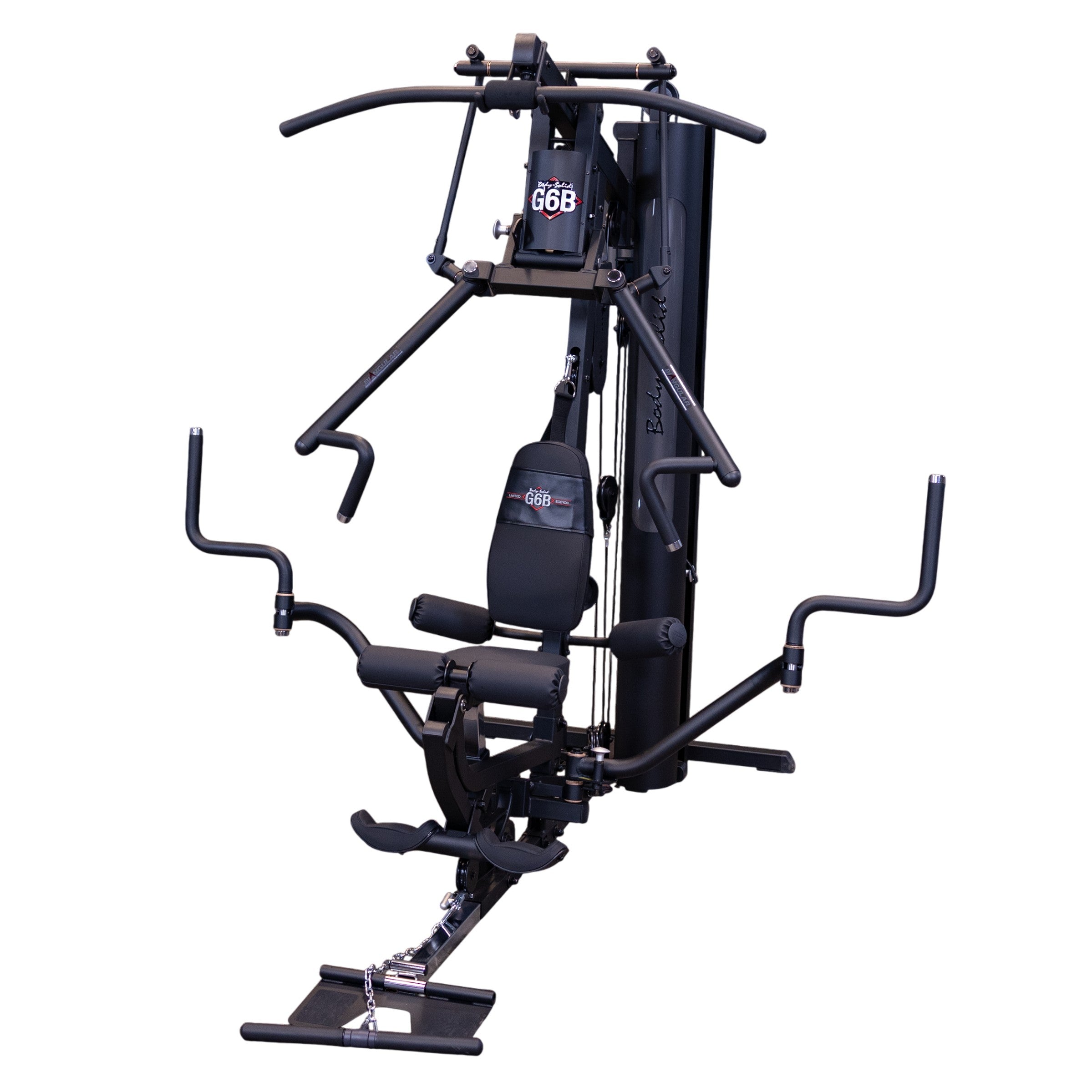 Front view of the Body-Solid G6B Bi-Angular multi station home gym with 210 lb weight stack and patented press arms