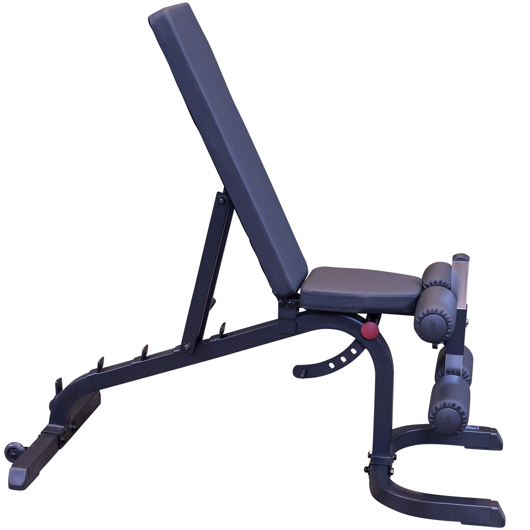 Body-Solid GFID31B flat incline decline adjustable weight bench shown in the upright incline position with extra-thick DuraFirm™ padding, transport wheels, and leg hold-down attachment