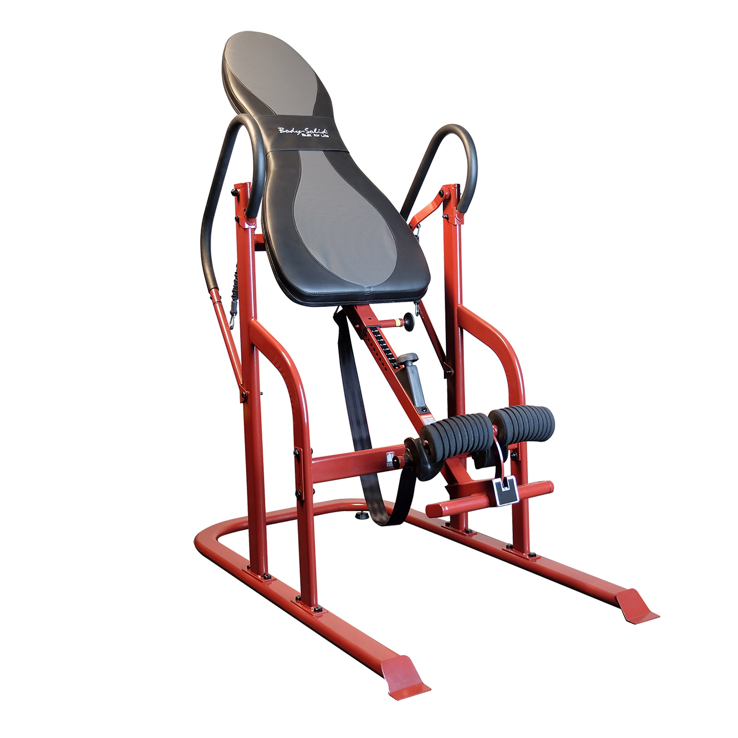 Body-Solid GINV50 Inversion Table angled view showing padded backrest, steel frame and ankle support system