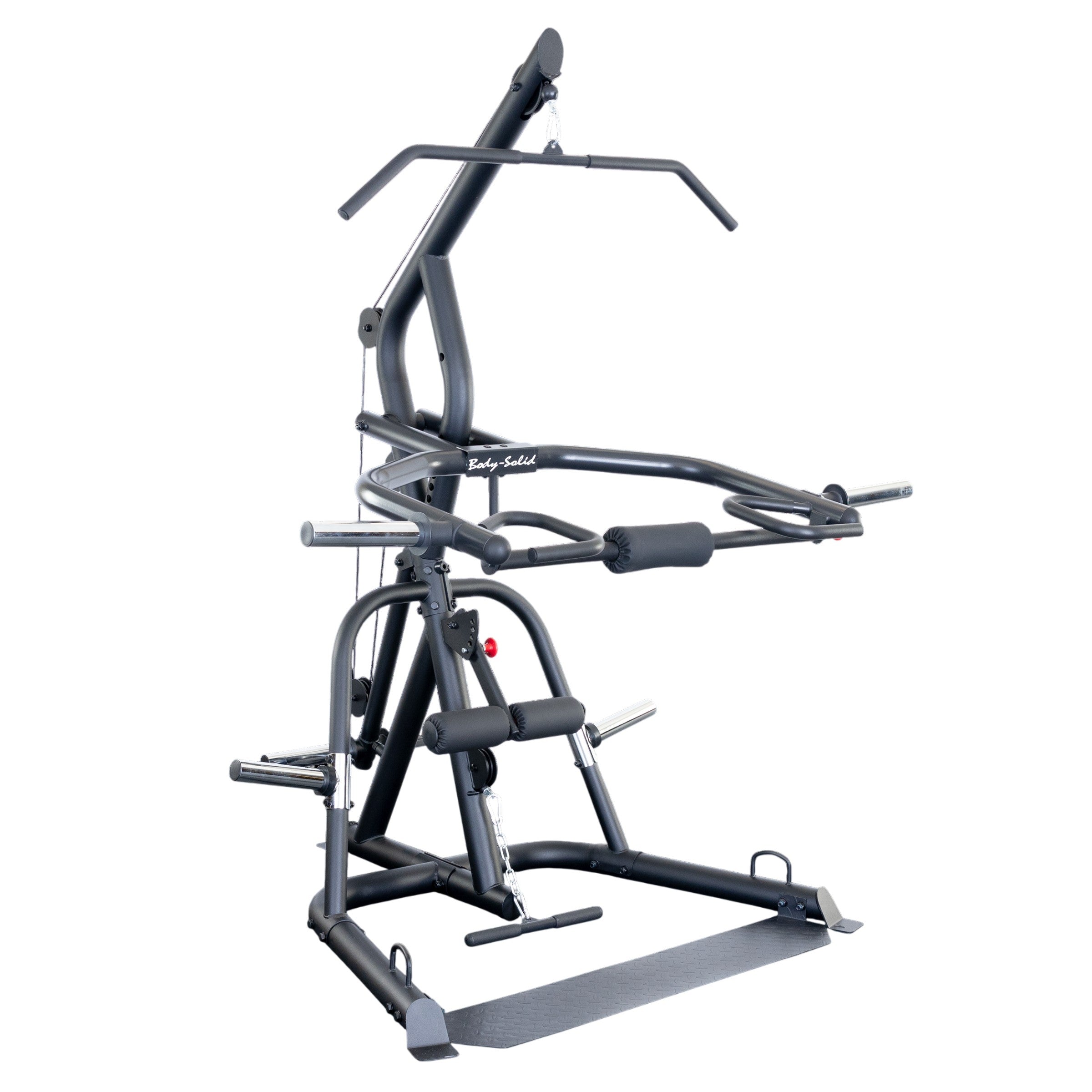 Body-Solid GLGS100B Corner Leverage Gym with plate-loaded leverage arms, pull-up station, lat pulldown, and low pulley