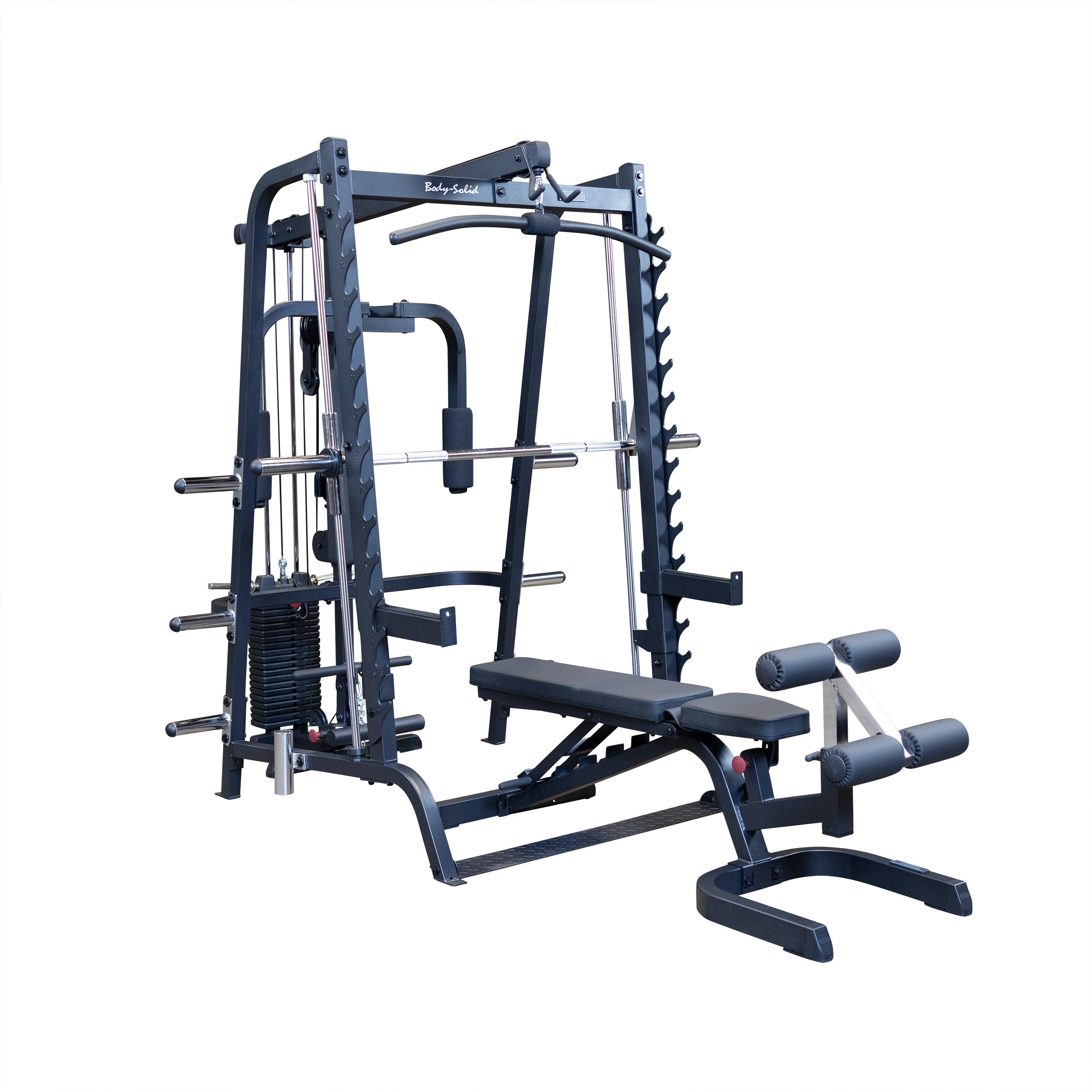 Body-Solid GS348BP4 Series 7 Smith Gym Package featuring a Smith machine, lat attachment, pec station, adjustable bench, leg developer, preacher curl attachment, and 210 lb weight stack
