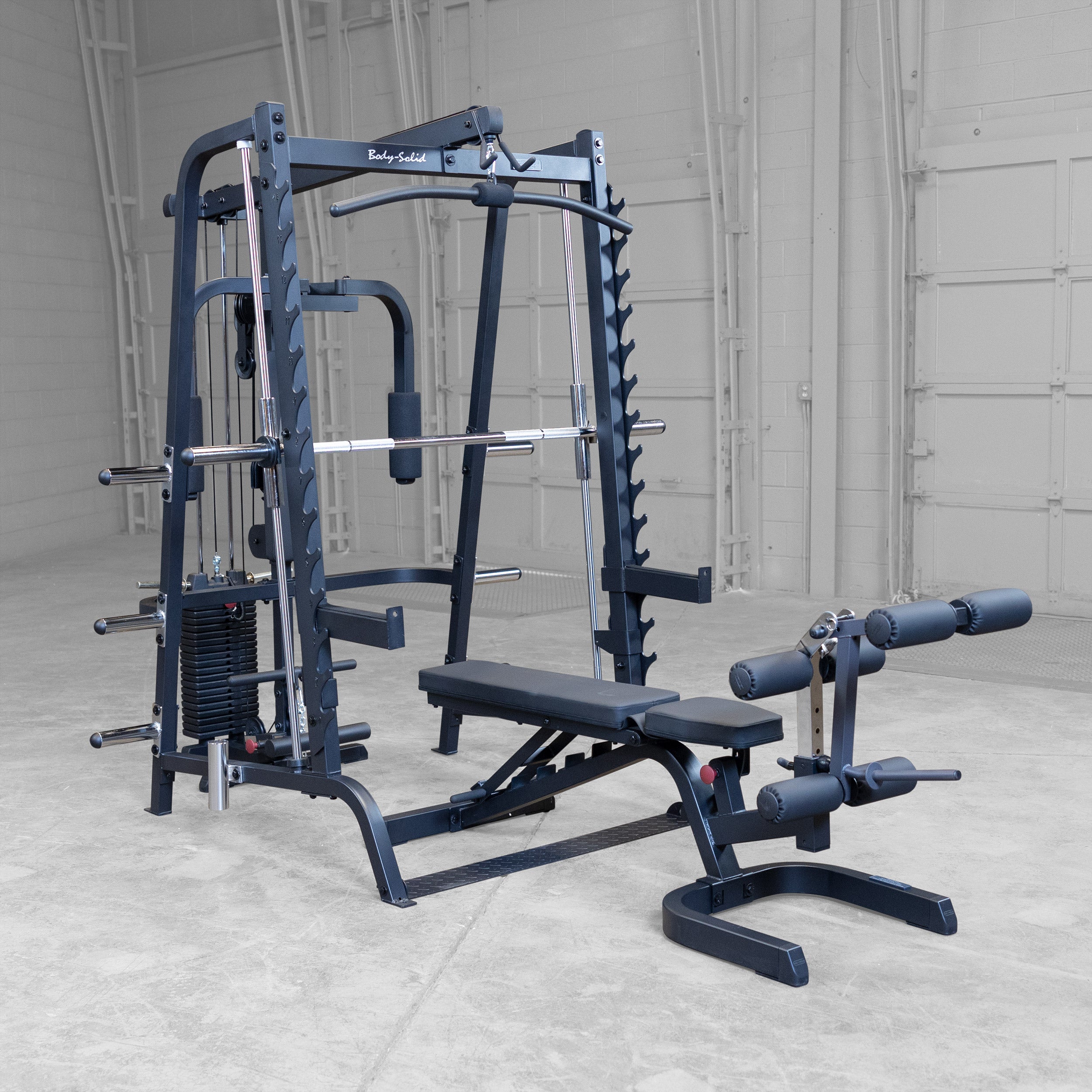 Body-Solid GS348BP4 Series 7 Smith Gym Package featuring a Smith machine, lat attachment, pec station, adjustable bench, leg developer, and 210 lb weight stack