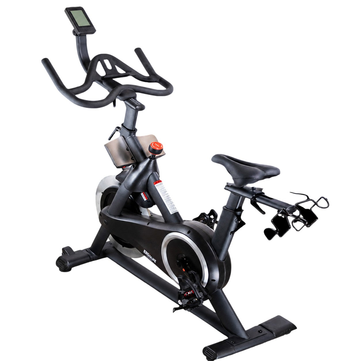 Rear angle view of the ERGOLIFE 305M magnetic indoor spin bike with LCD display, adjustable seat, multi-grip handlebars, and magnetic flywheel
