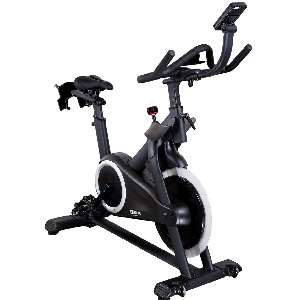 ERGOLIFE 305M magnetic indoor spin bike with Bluetooth connectivity, adjustable seat and handlebars, LCD display, and magnetic resistance