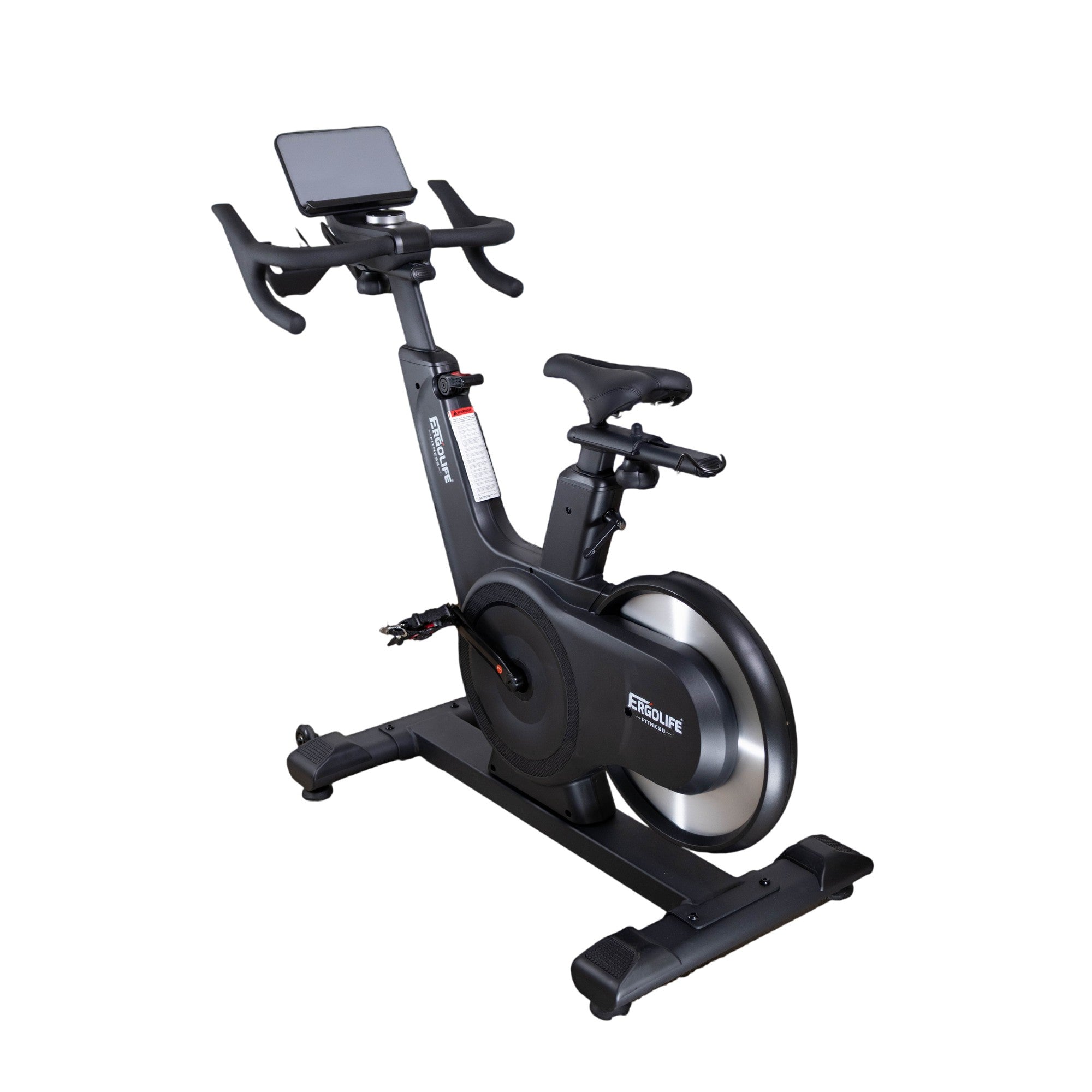 Angled view of the ERGOLIFE 306EFA indoor spin bike with magnetic flywheel, adjustable seat and handlebars, Bluetooth console, and tablet holder