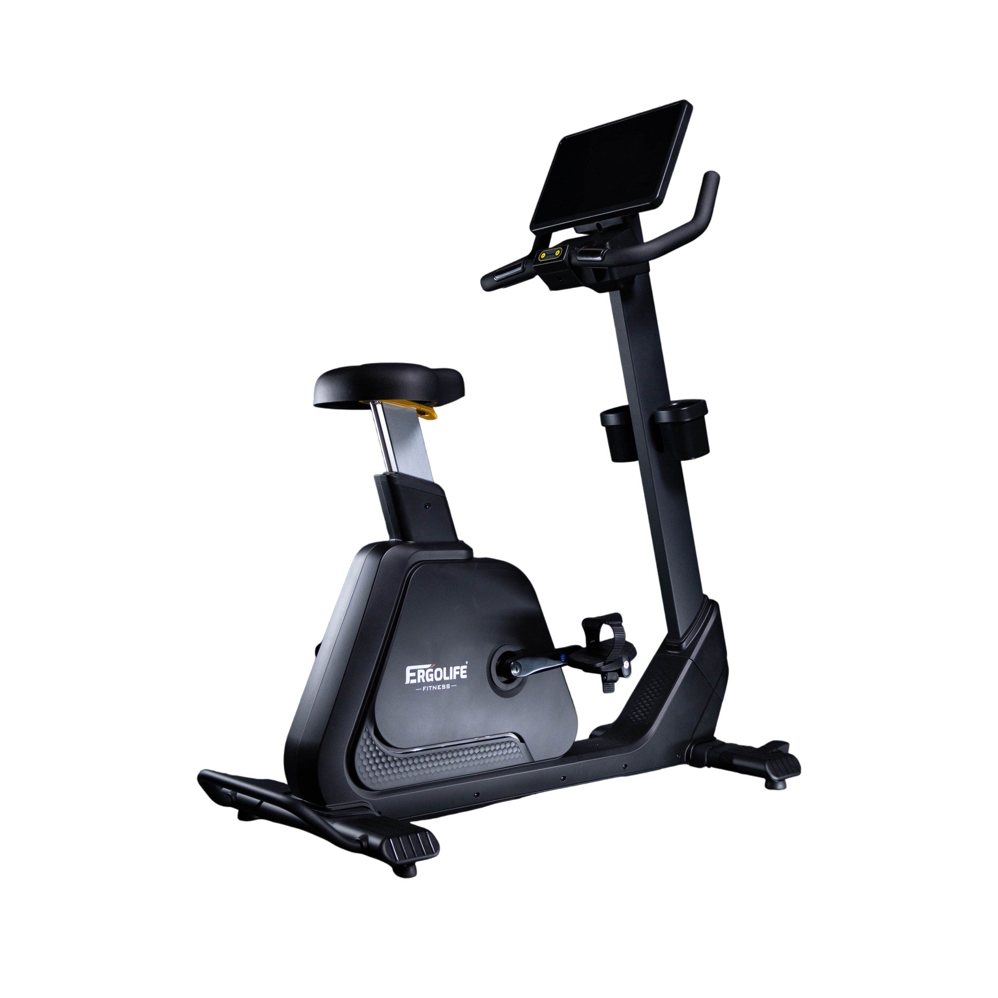 ERGOLIFE BU201E upright exercise bike with magnetic resistance, adjustable seat, LCD display, and integrated tablet holder, shown from the front angle