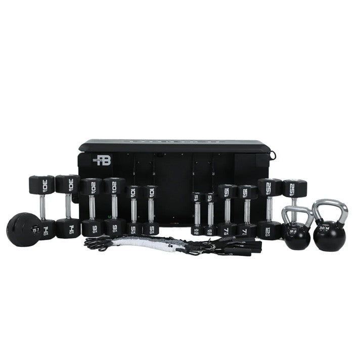 FITBENCH One NXT Gen workout bench with dumbbells, kettlebells, and training accessories