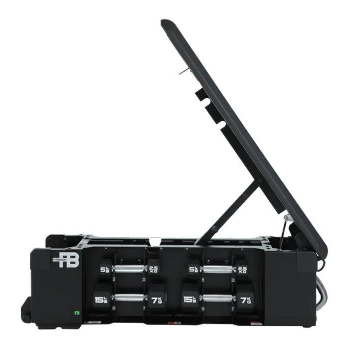 FITBENCH Studio workout bench with built-in adjustable dumbbell storage and lid open