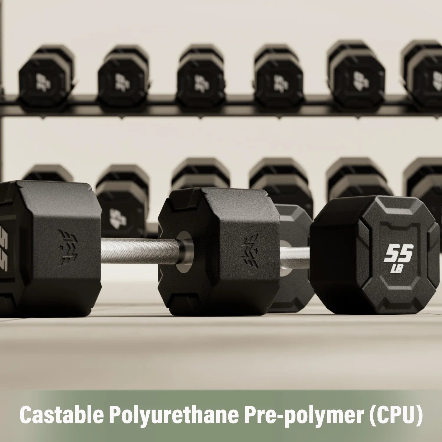 Major Fitness urethane octagonal shield dumbbells featuring castable polyurethane pre-polymer coating for enhanced durability and wear resistance