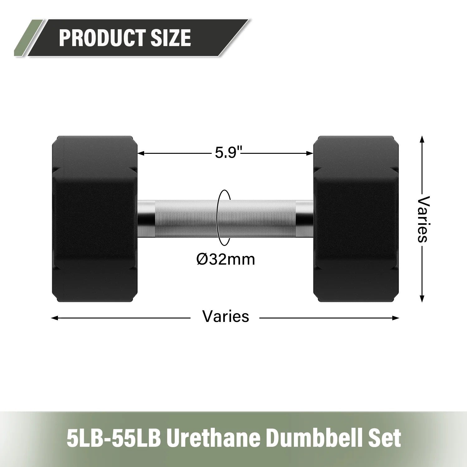 Product dimensions for the Major Fitness 5-55 lb urethane octagonal shield dumbbell set showing 5.9 inch handle length and 32mm handle diameter
