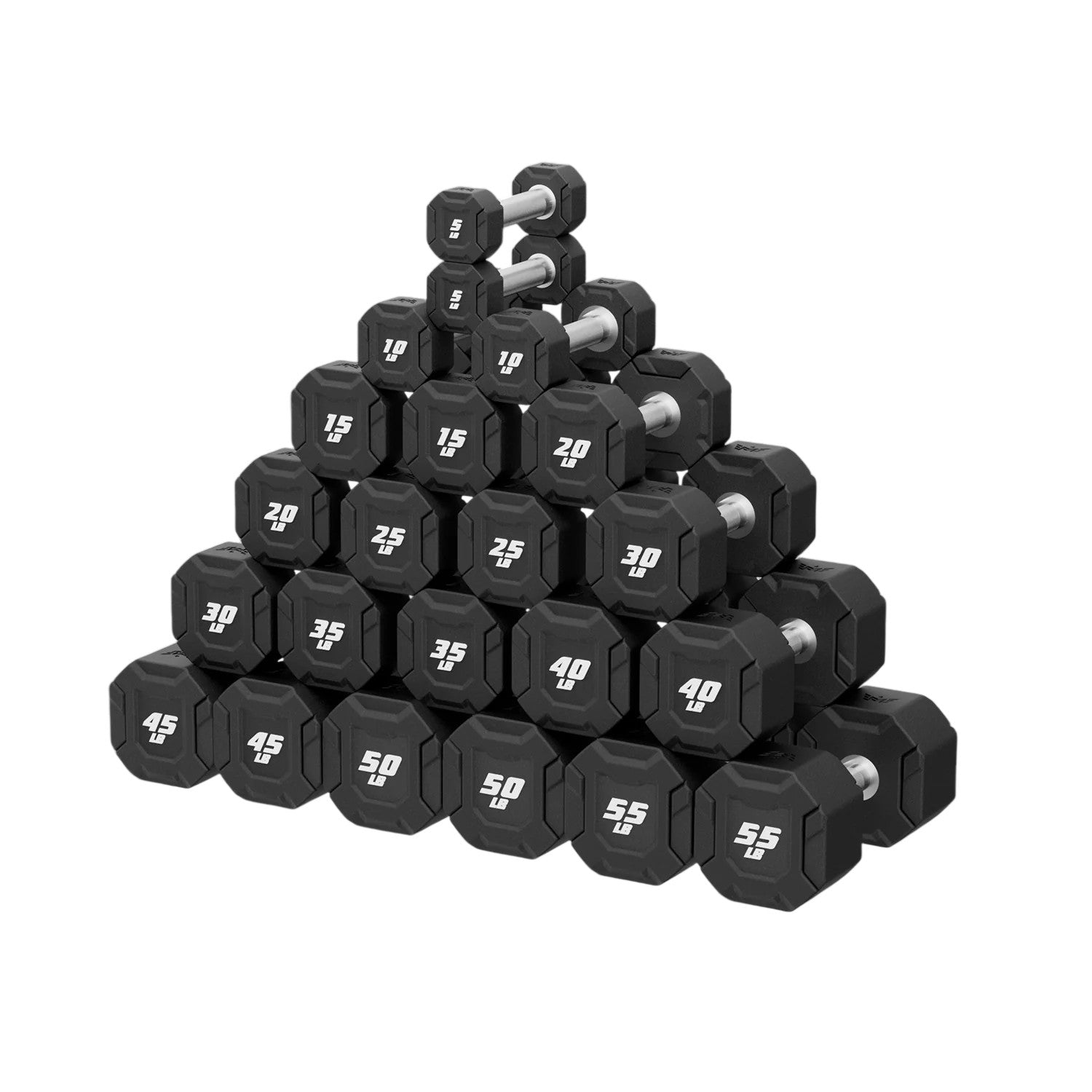Major Fitness 5-55 lb urethane octagonal shield dumbbell set with anti-roll heads and knurled chrome handles arranged in a pyramid formation