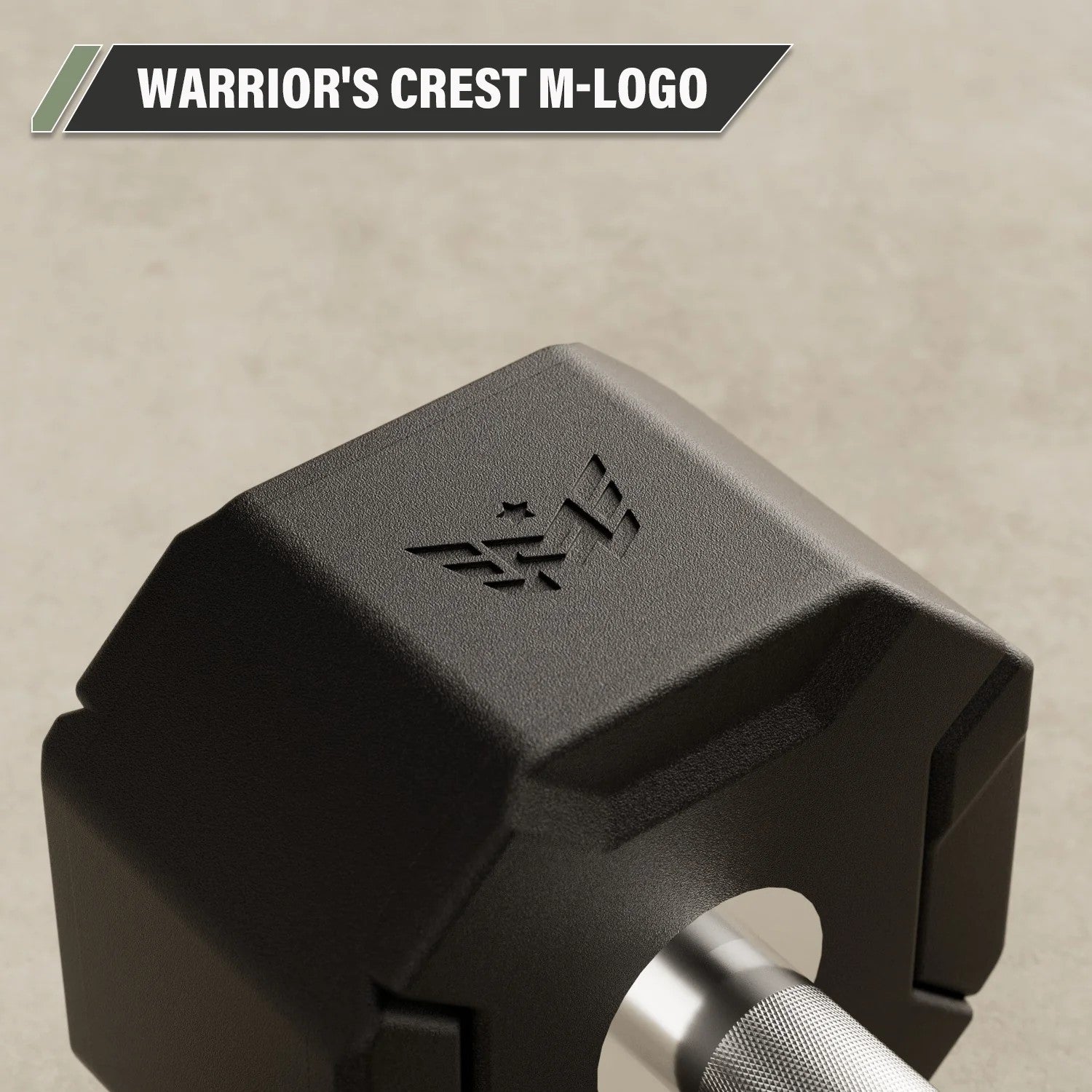 Close-up of the Major Fitness Warrior’s Crest M-logo embossed on a urethane octagonal shield dumbbell head