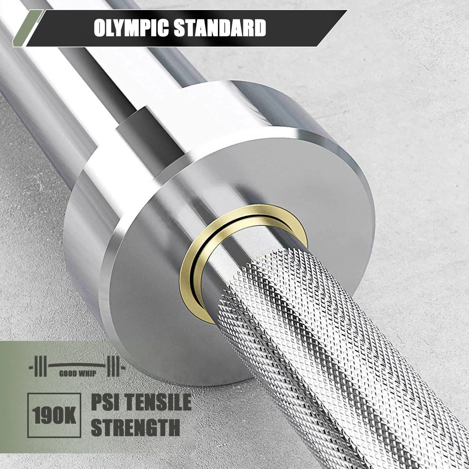 Major Fitness Olympic barbell with 190K PSI tensile strength and Olympic standard needle bearing sleeves