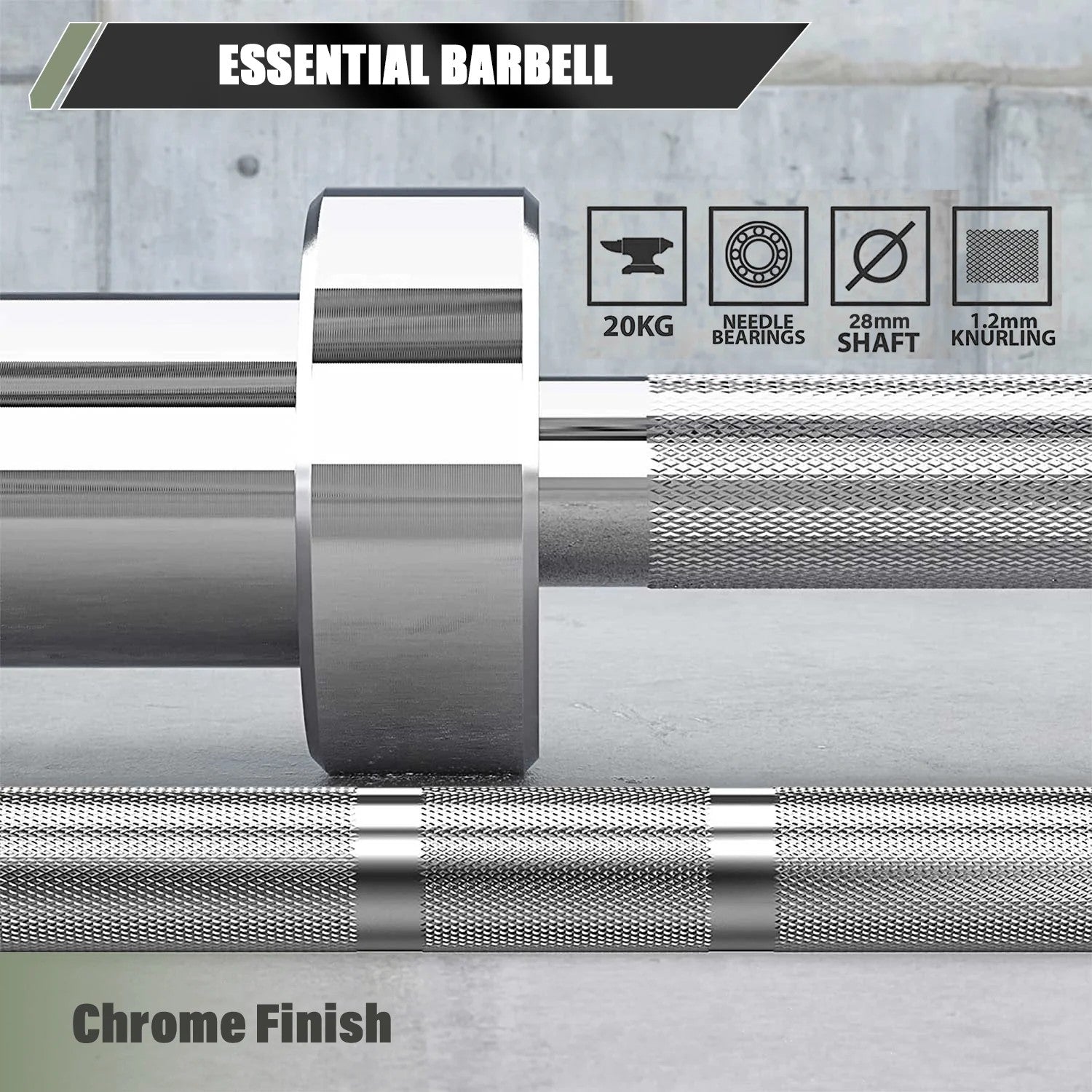 Major Fitness 20KG Olympic barbell with chrome finish, needle bearings, and diamond knurling for strength training