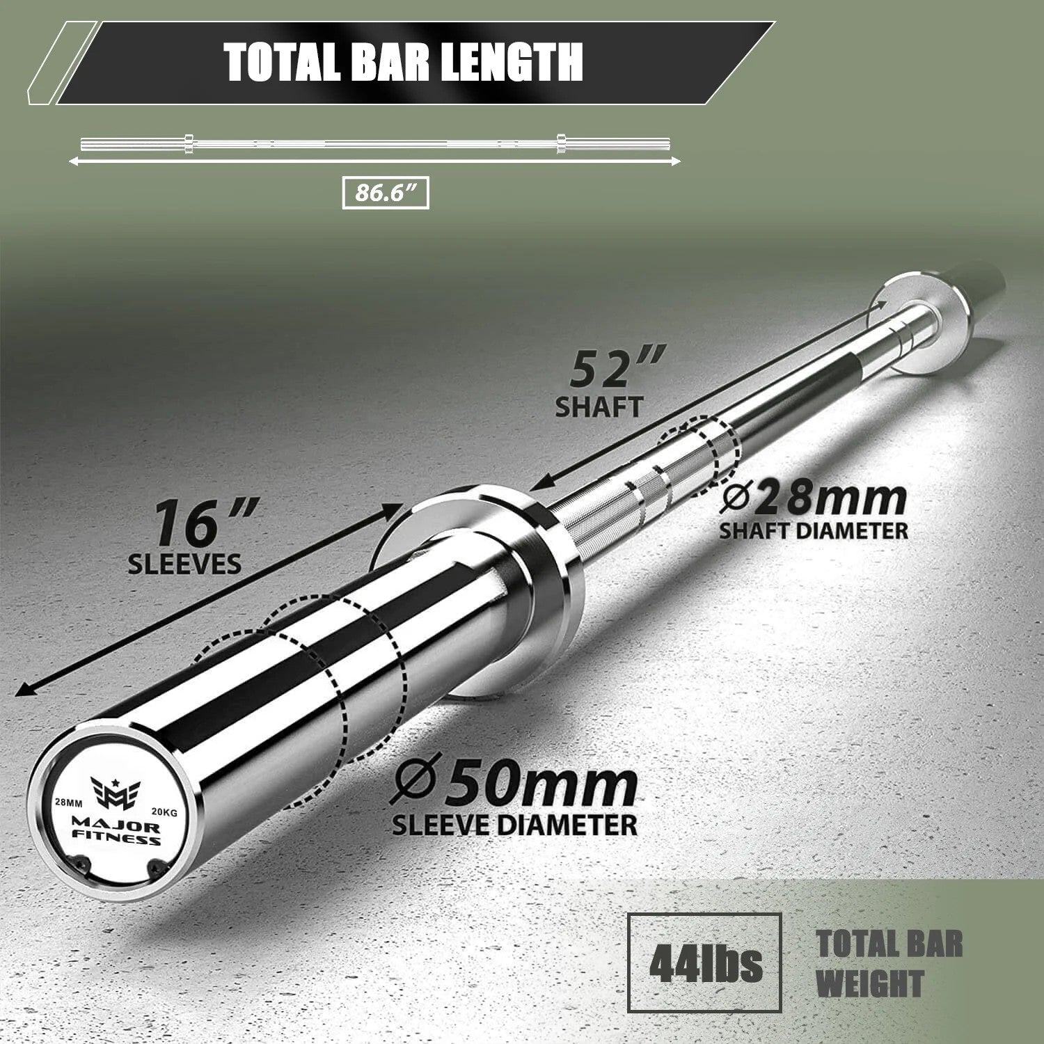 Major Fitness 7ft Olympic barbell dimensions with 28mm shaft diameter, 50mm sleeves, and 86.6 inch total length