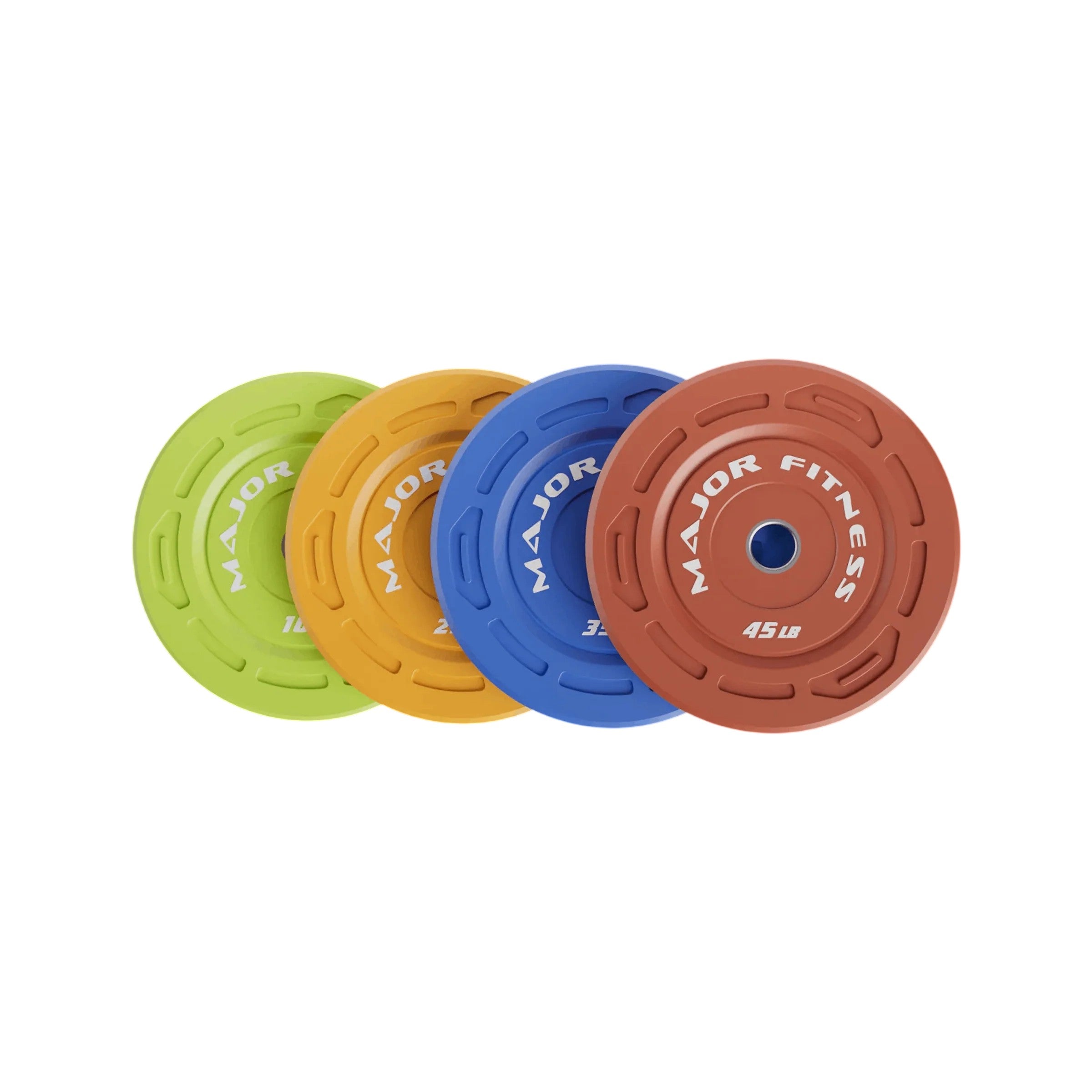Major Fitness 230LB Color Grip Low Bounce Bumper Plate Set including 10LB, 25LB, 35LB, and 45LB Olympic weight plate pairs