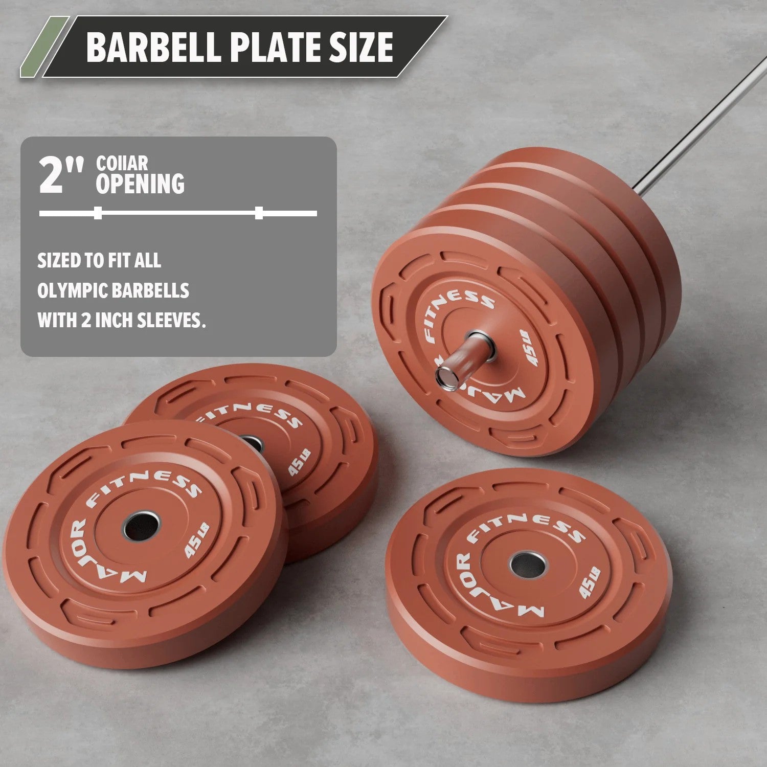 Major Fitness Color Grip Low Bounce Bumper Plates with a 2-inch collar opening designed to fit all Olympic barbells with 2-inch sleeves