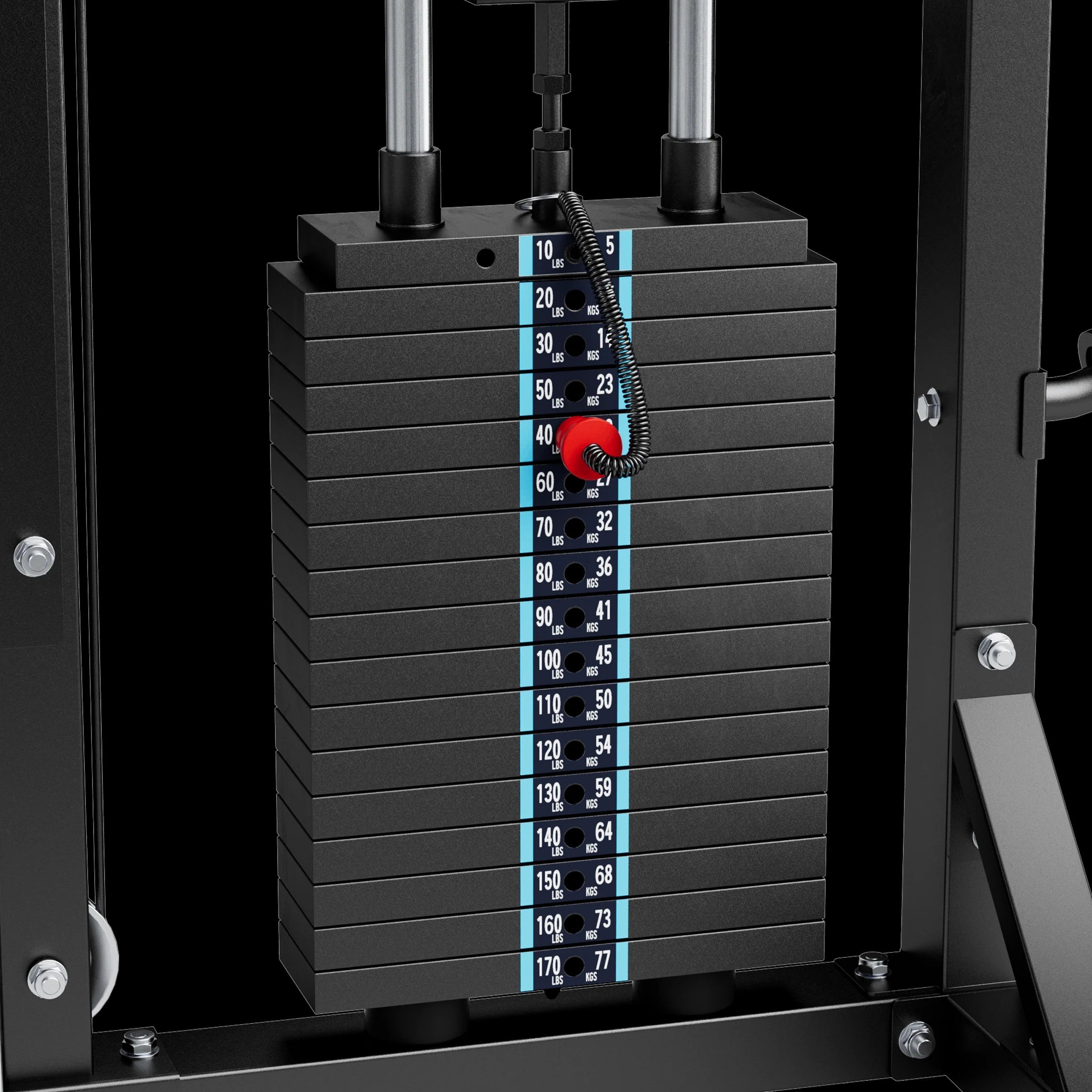 Close-up of the 170 lb selectorized weight stack on the Major Fitness F22 Pro power rack featuring quick-adjust resistance selection for cable training exercises