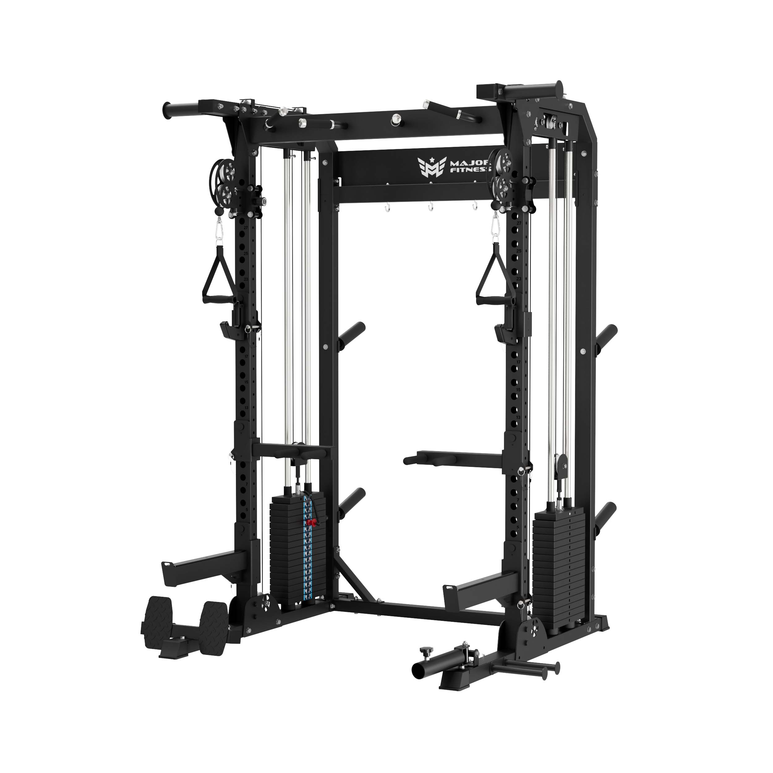 Major Fitness F22 Pro black all-in-one power rack home gym with dual independent pulley system, pull-up bar, weight stacks, and functional trainer attachments