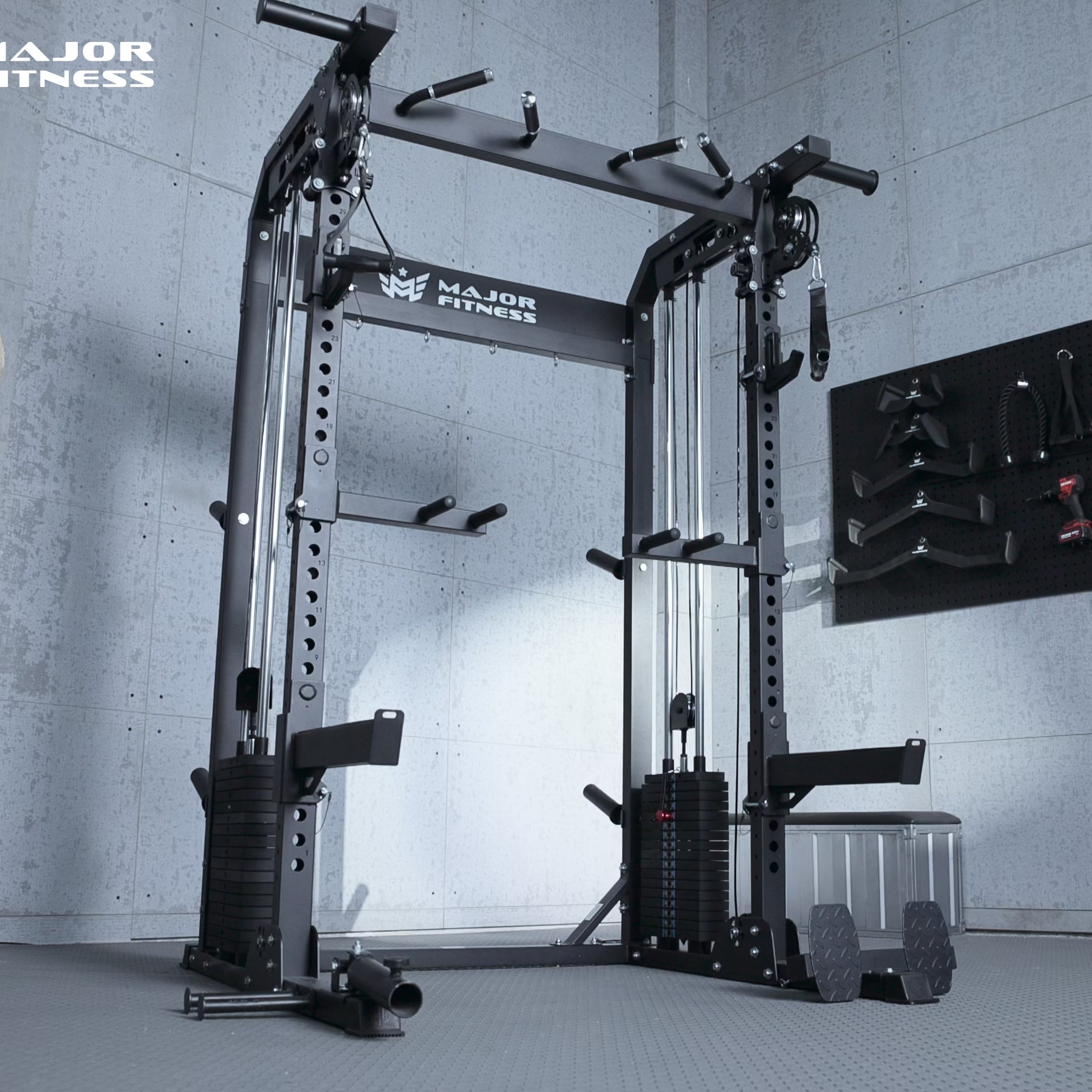 Major Fitness F22 Pro all-in-one power rack home gym setup featuring a dual independent pulley system, multi-grip pull-up bar, and functional training attachments in a modern garage gym