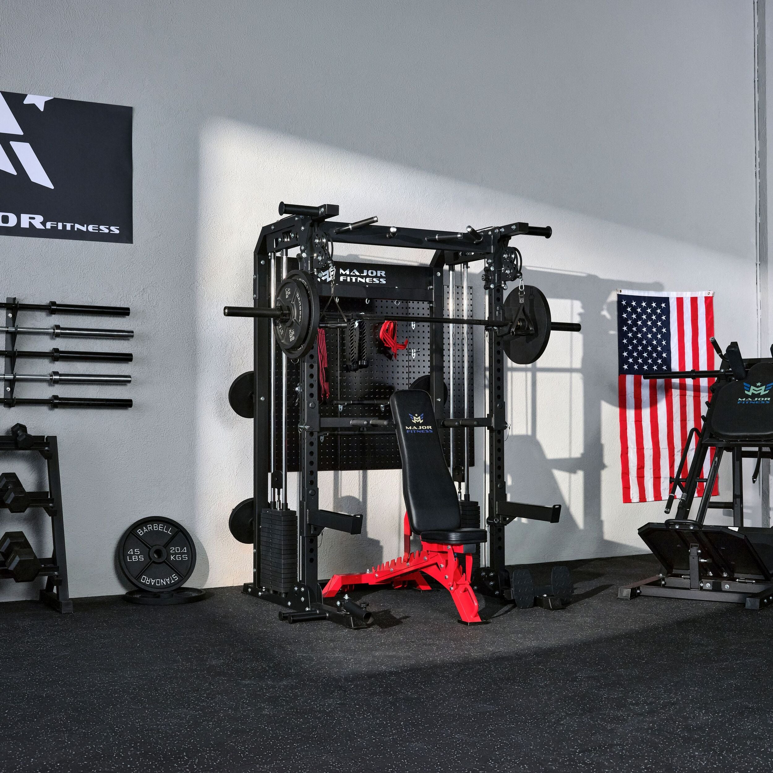Major Fitness F22 Pro all-in-one power rack home gym setup with adjustable bench, dual pulley system, pull-up station, and strength training accessories in a modern gym space