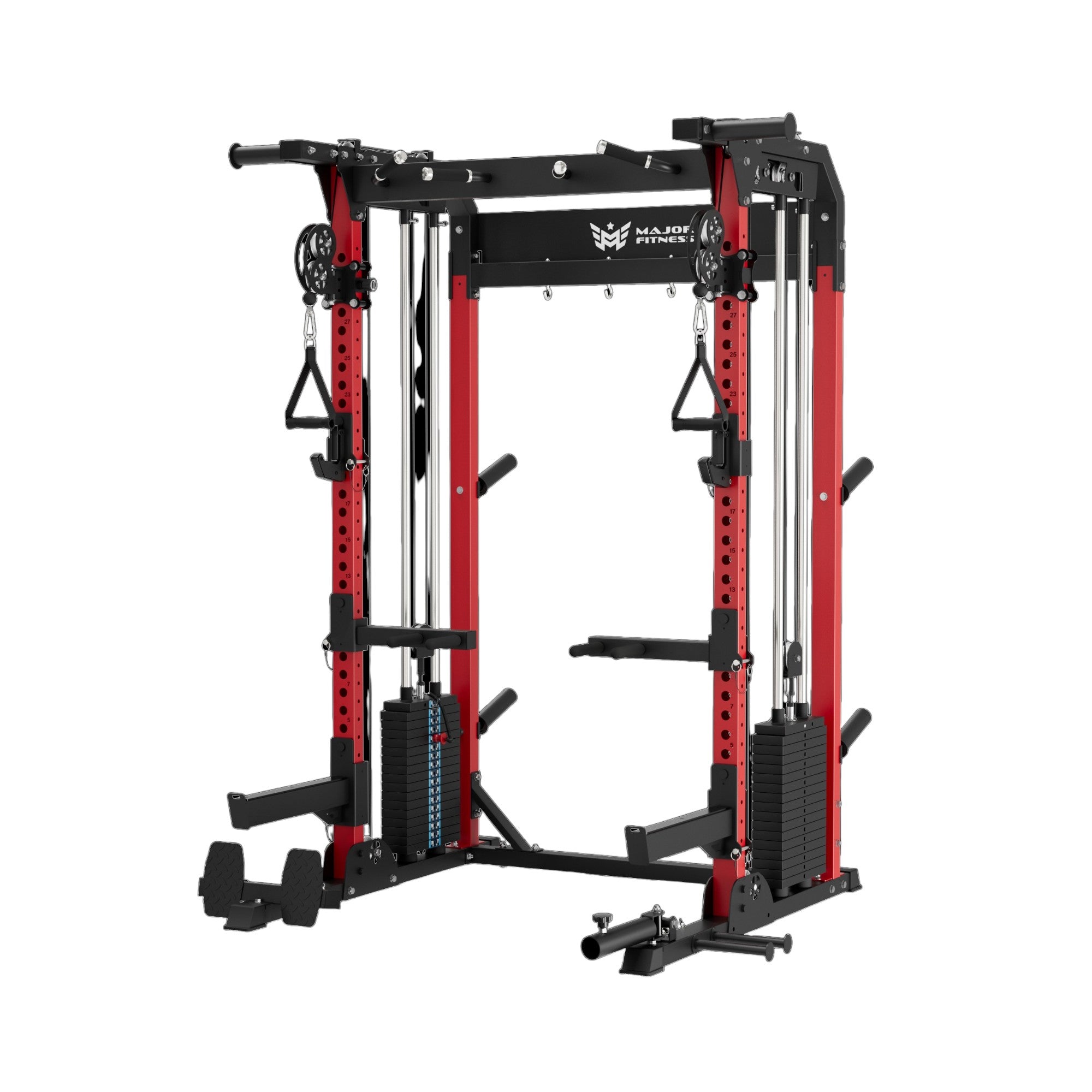 Major Fitness F22 Pro red all-in-one power rack home gym with dual independent pulley system, pull-up bar, weight stacks, and functional trainer attachments