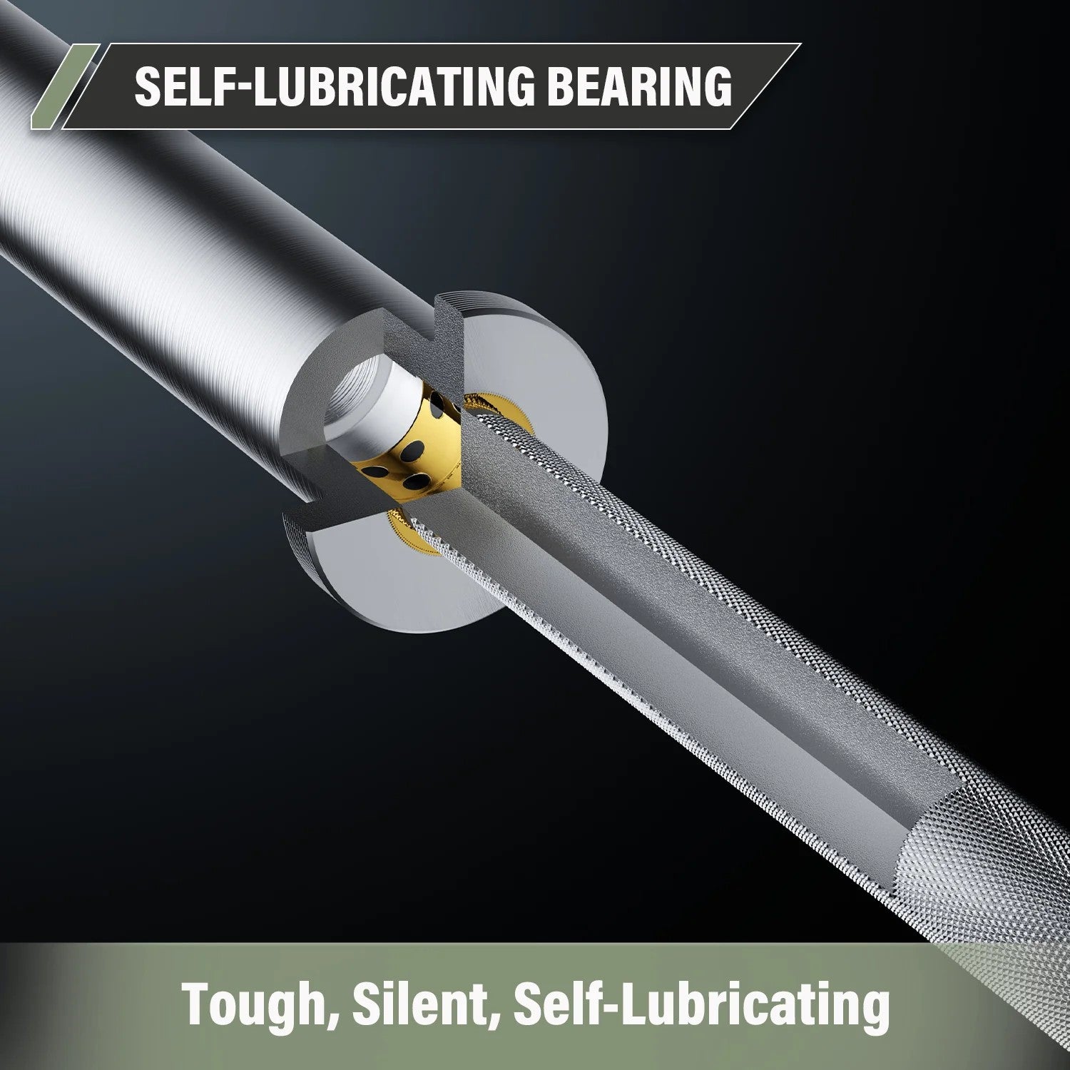 Major Fitness Heritage Series Power Bar cutaway view showing self lubricating bronze bushing system and sleeve construction for smooth rotation and durability