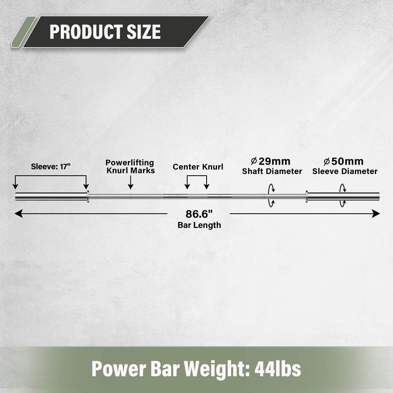 Major Fitness Heritage Series Power Bar dimensions showing 86.6 inch length, 29mm shaft diameter, 50mm sleeve diameter, 17 inch sleeves, and powerlifting knurl marks