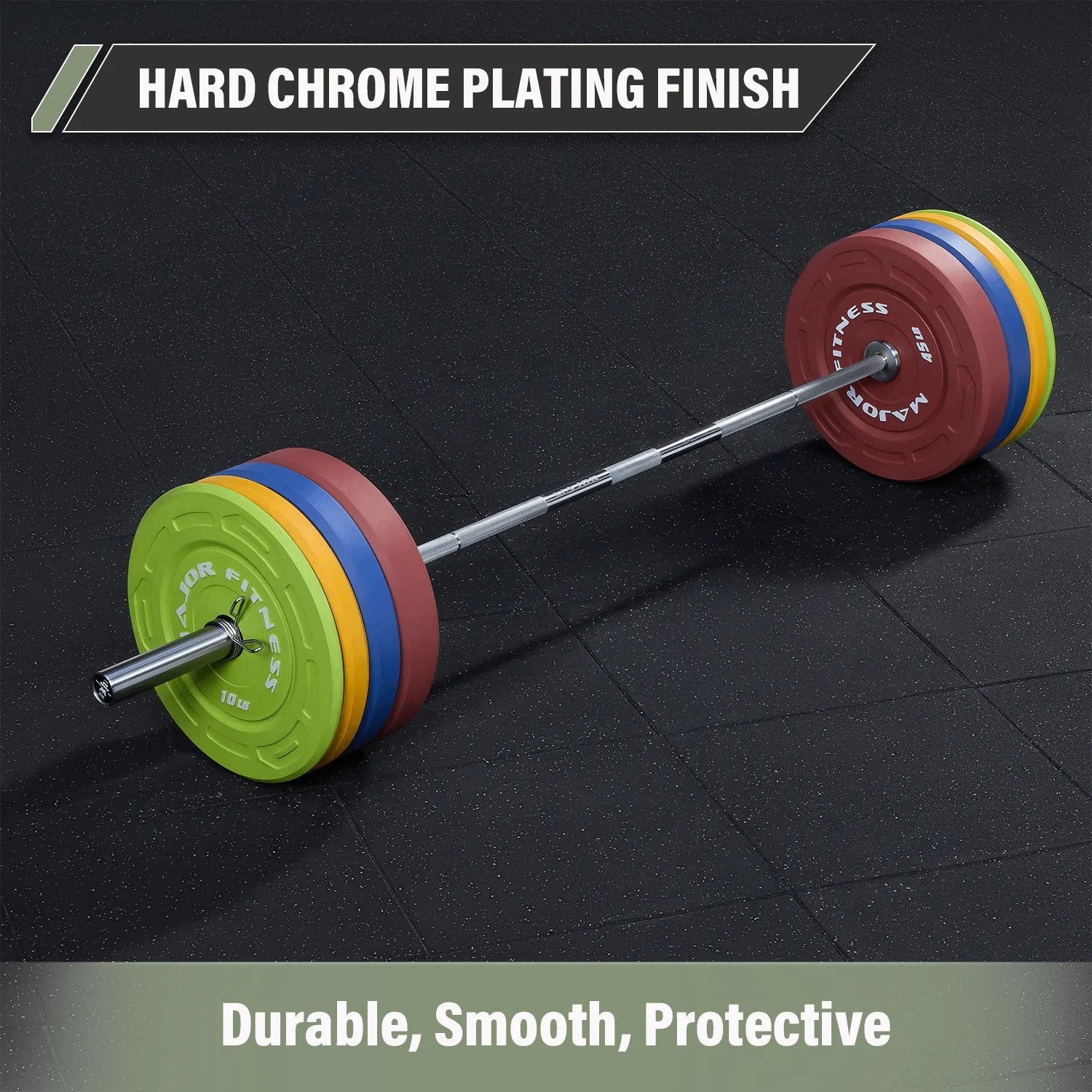 Major Fitness Heritage Series Power Bar loaded with Olympic weight plates showcasing durable hard chrome plating finish and sleeve protection against wear and corrosion