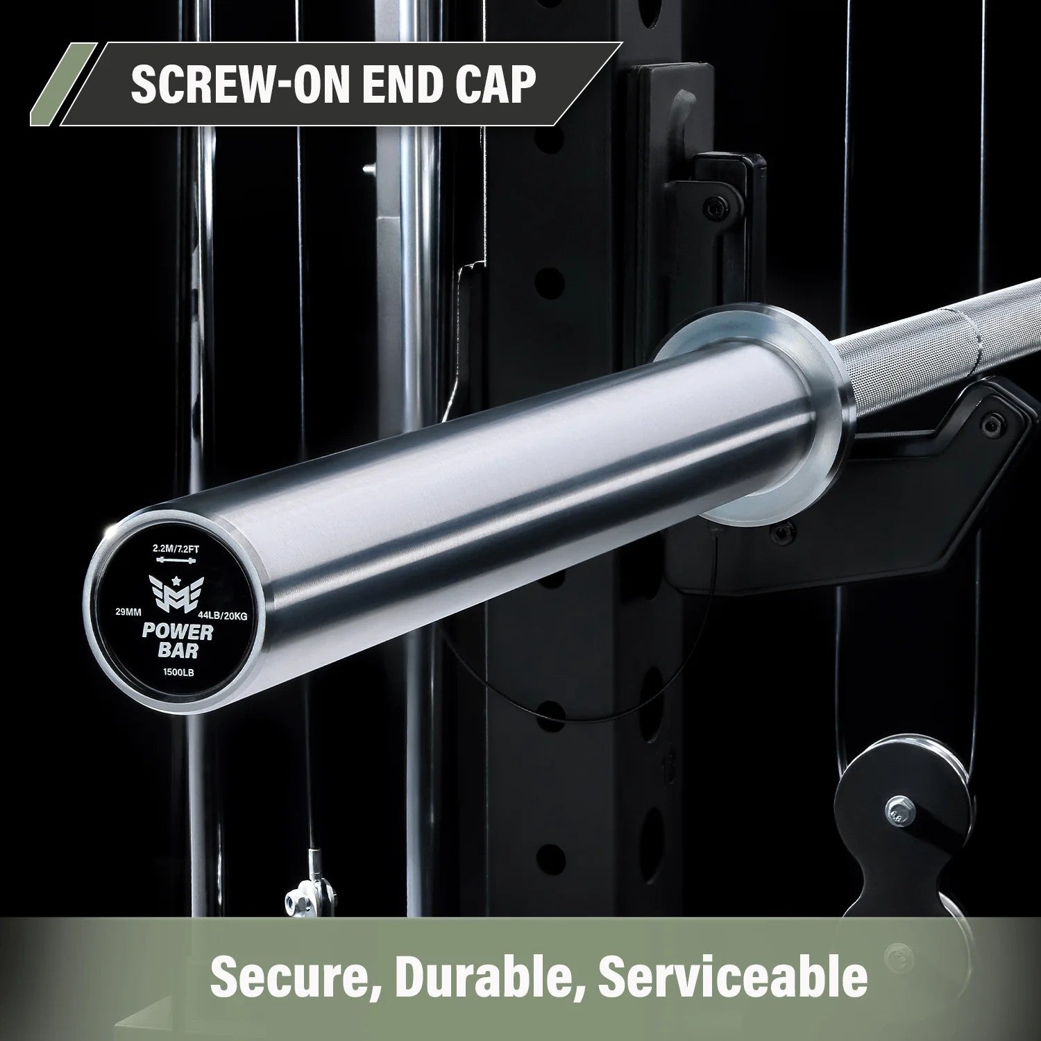 Major Fitness Heritage Series Power Bar showing screw on end cap design for secure sleeve assembly, durability, and long term serviceability