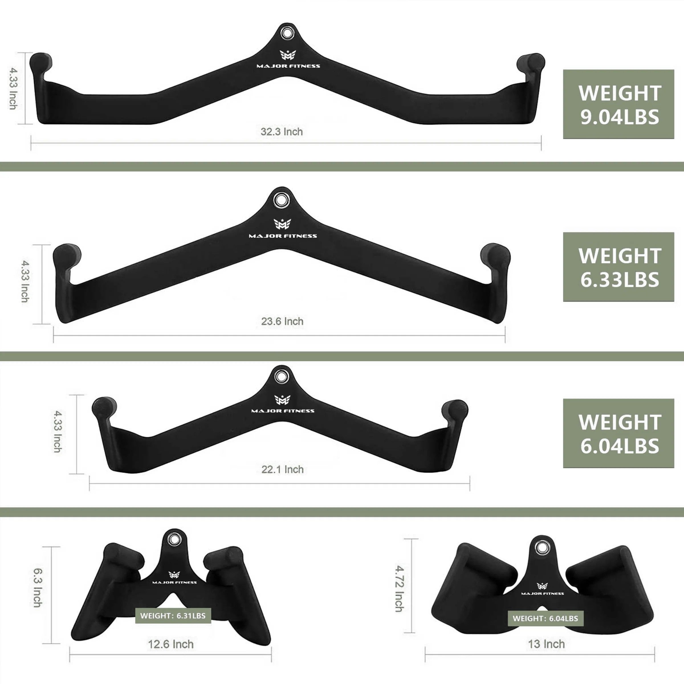 Major Fitness 5-piece lat pulldown attachment combo set dimensions, widths, and weights for cable machine training attachments