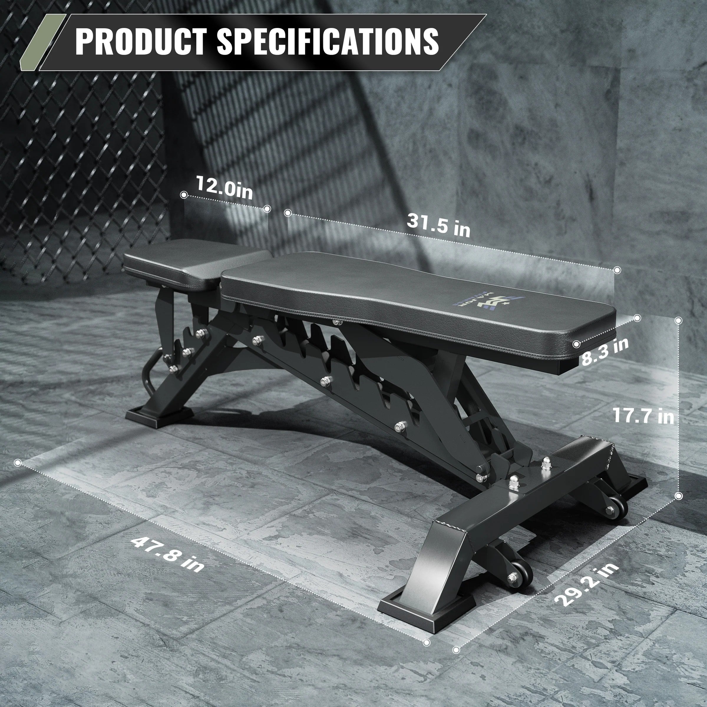 Major Fitness PLT01 adjustable weight bench product specifications with dimensions and home gym bench measurements displayed
