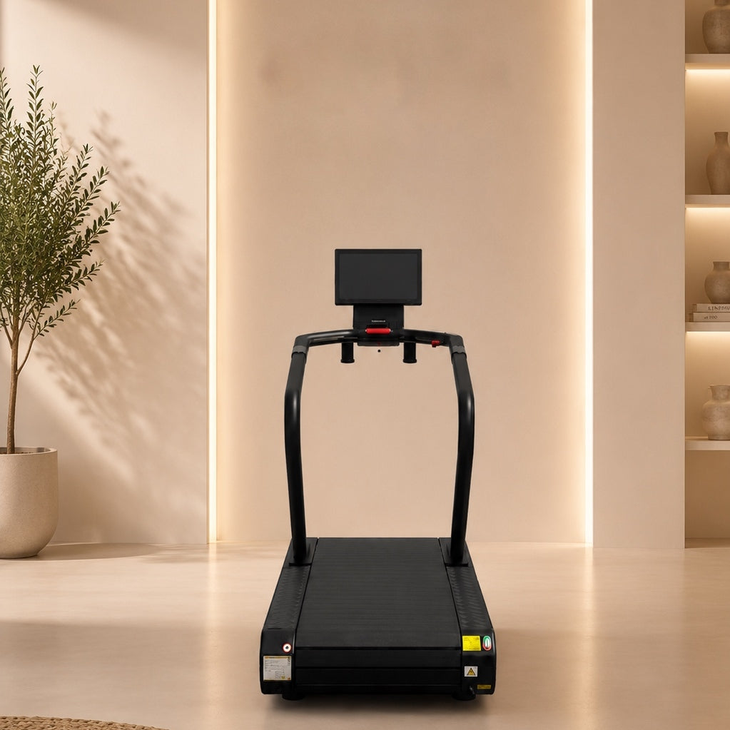 Sprintex Z30 premium slat belt treadmill in a modern luxury home gym, featuring a self-powered curved running surface for natural running