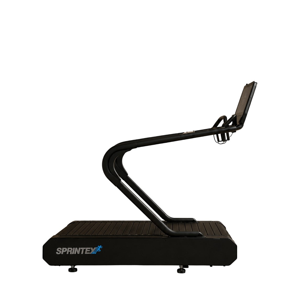 Side view of the Sprintex Z50 premium slat belt treadmill with integrated biofeedback technology and self-powered curved slat belt