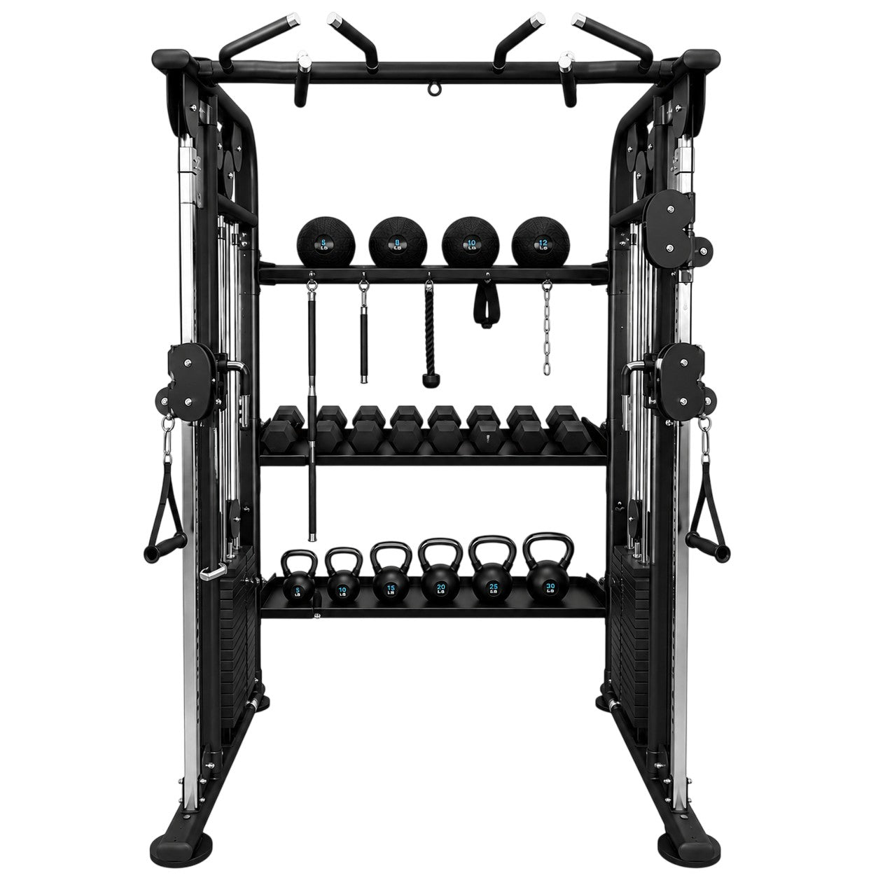 TAG Fitness Elite Functional Trainer Package 1 with dual 210 lb weight stacks, adjustable cable pulleys, multi-grip pull-up station, hex dumbbells, slam balls, and rubber kettlebells