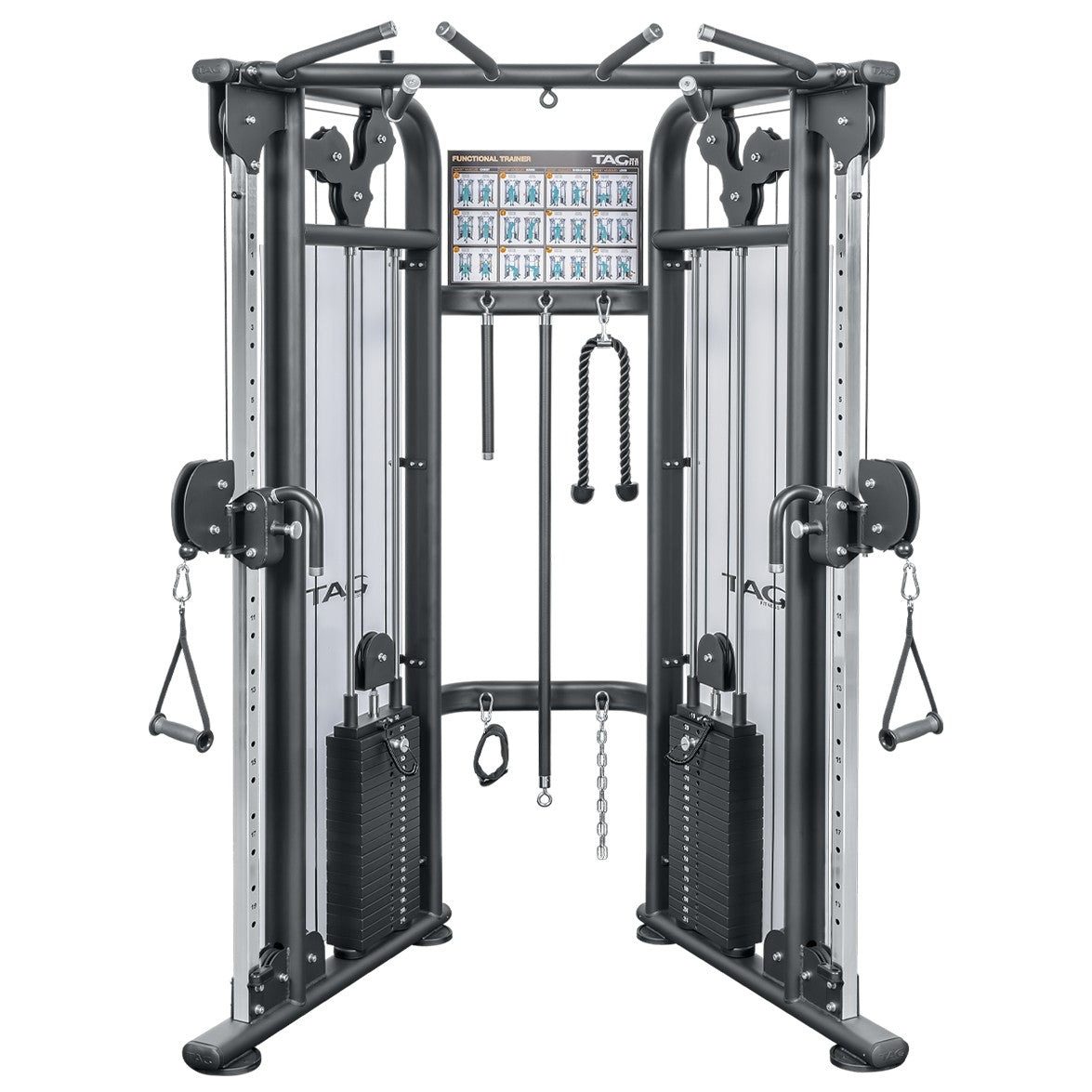TAG Fitness FUNC-TR-B Functional Trainer front view with dual adjustable pulleys and weight stacks