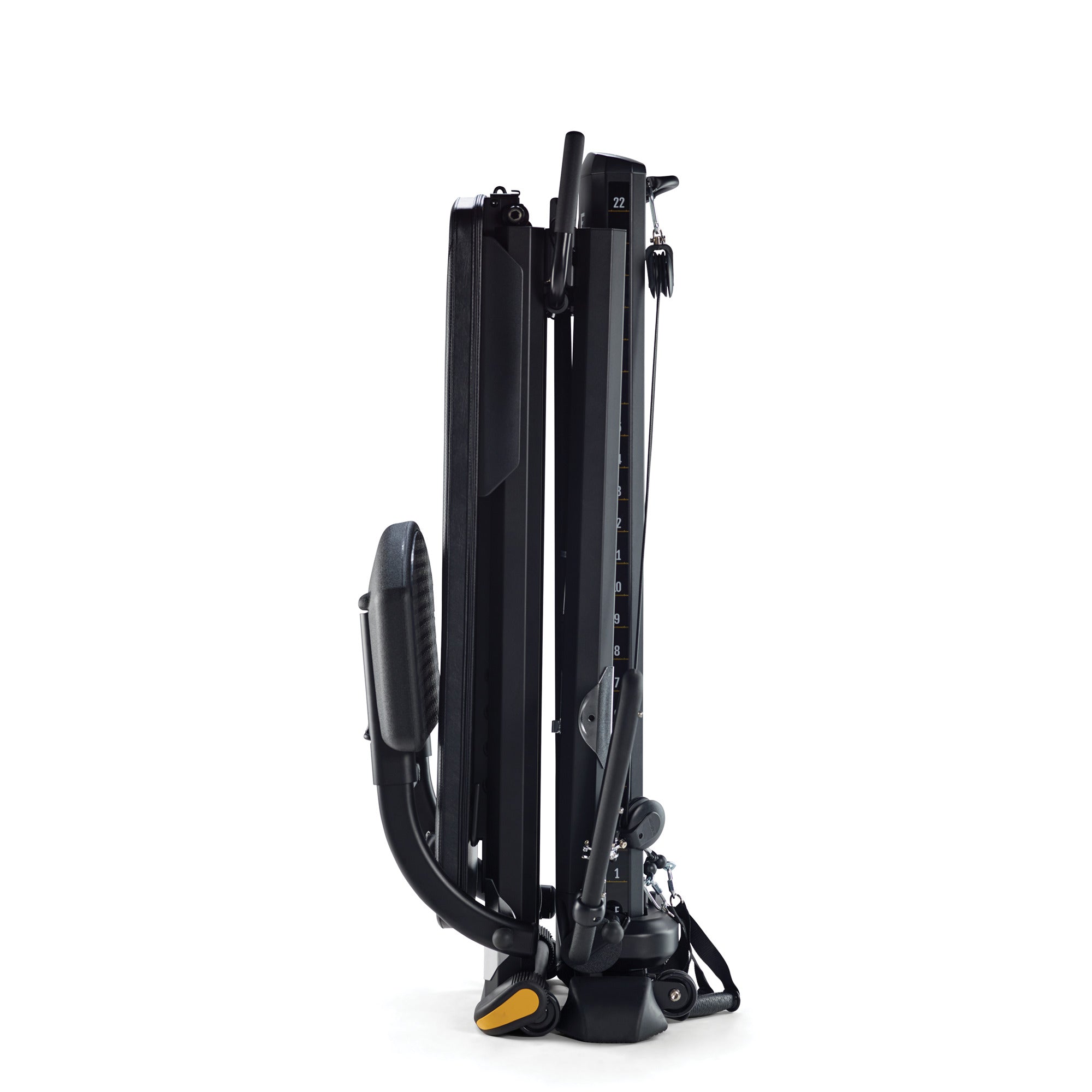 Side view of Total Gym ELEVATE Encompass folded for compact home gym storage