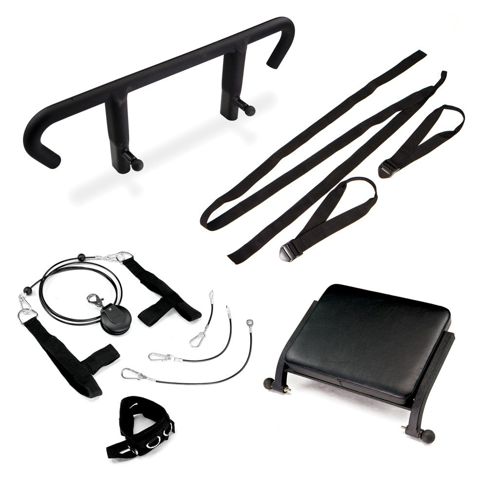 Total Gym ELEVATE Encompass Pilates Package accessories including toe bar, leg pulley system, and standing platform