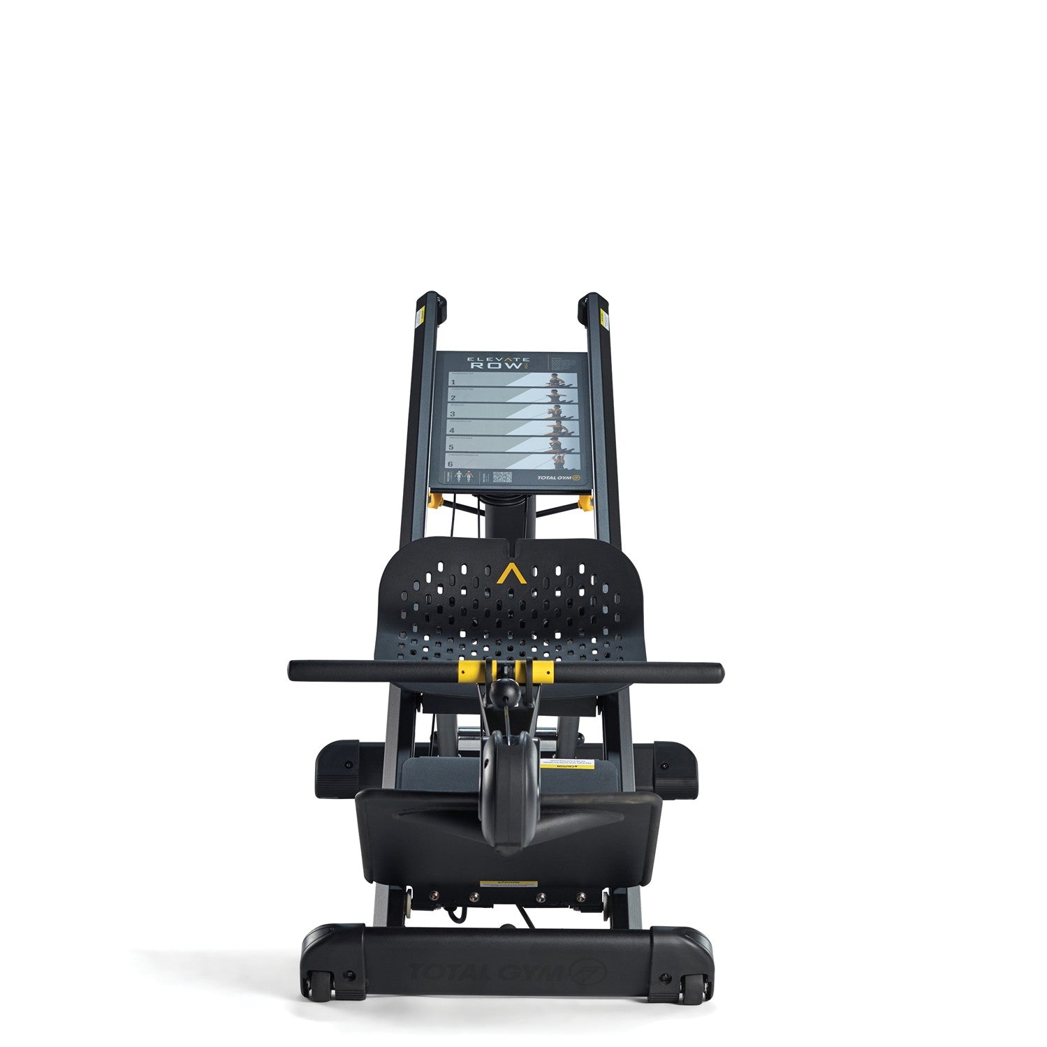 Front view of the Total Gym ELEVATE Row ADJ adjustable incline rowing machine showing the ergonomic rowing seat handlebar and exercise guide panel