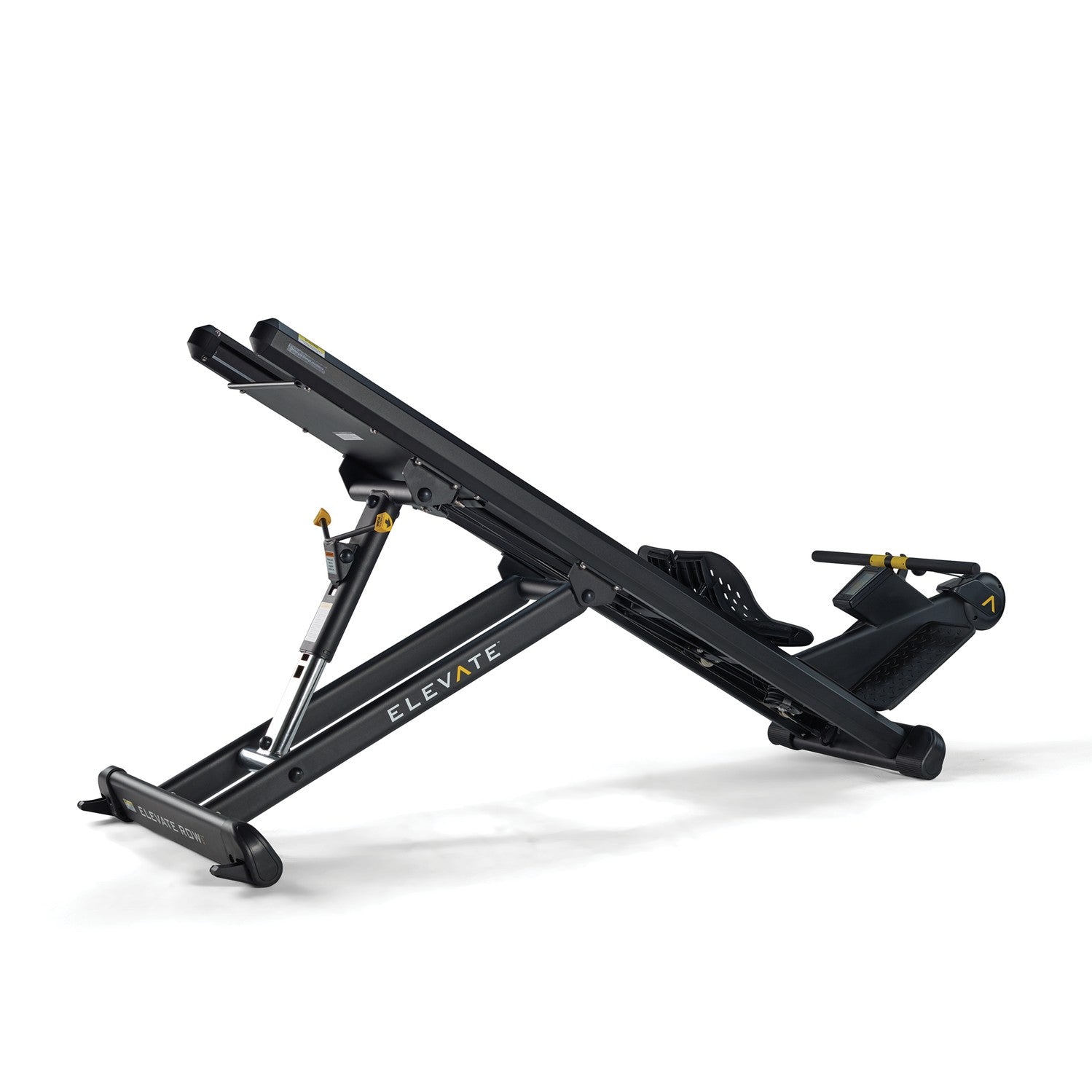 Rear angle view of the Total Gym ELEVATE Row ADJ adjustable incline rowing machine showing the commercial frame adjustable incline system and rowing seat