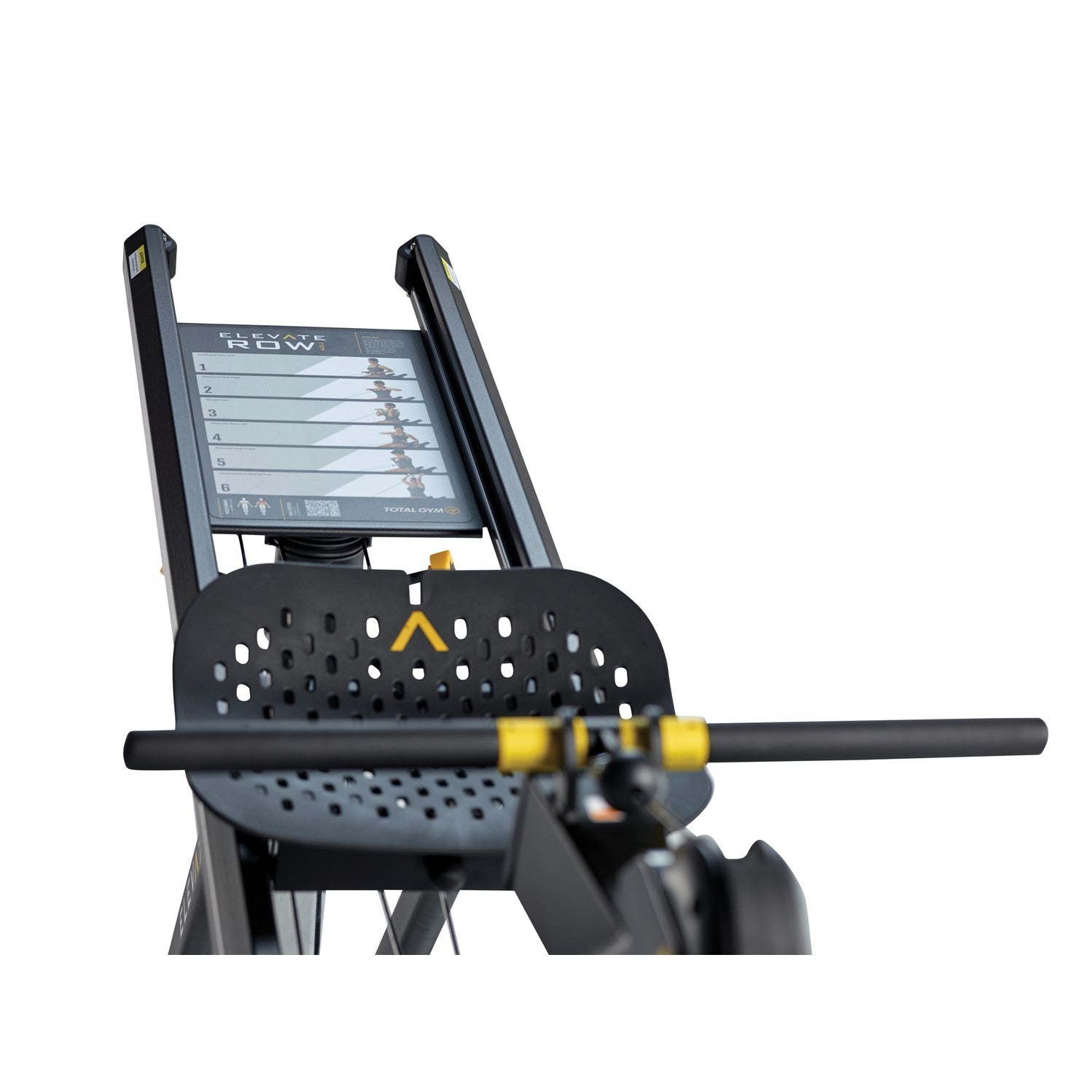 Close up of the Total Gym ELEVATE Row ADJ ergonomic rowing seat with integrated exercise guide and handlebar system