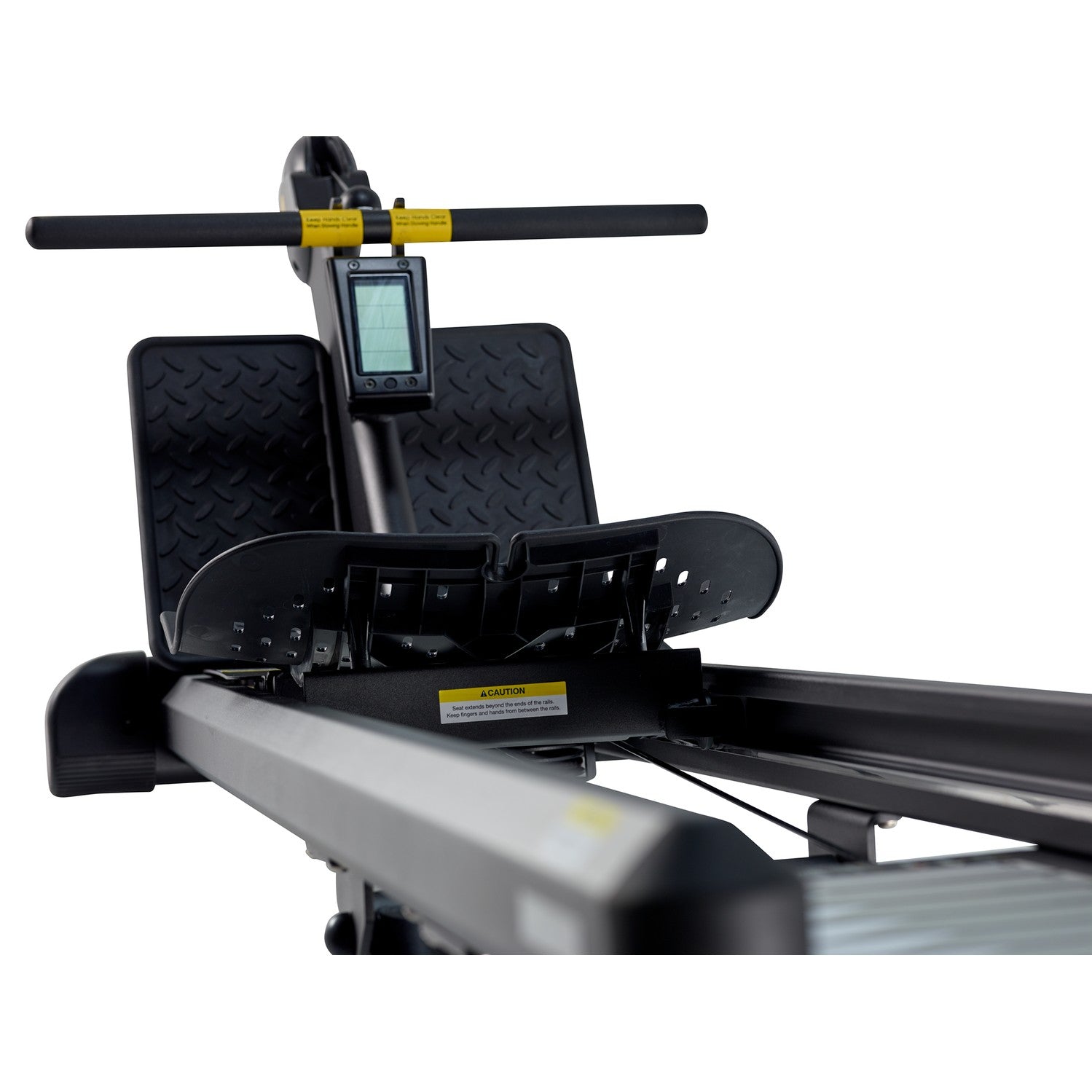 Close up of the Total Gym ELEVATE Row ADJ ergonomic rowing seat performance monitor and handlebar system