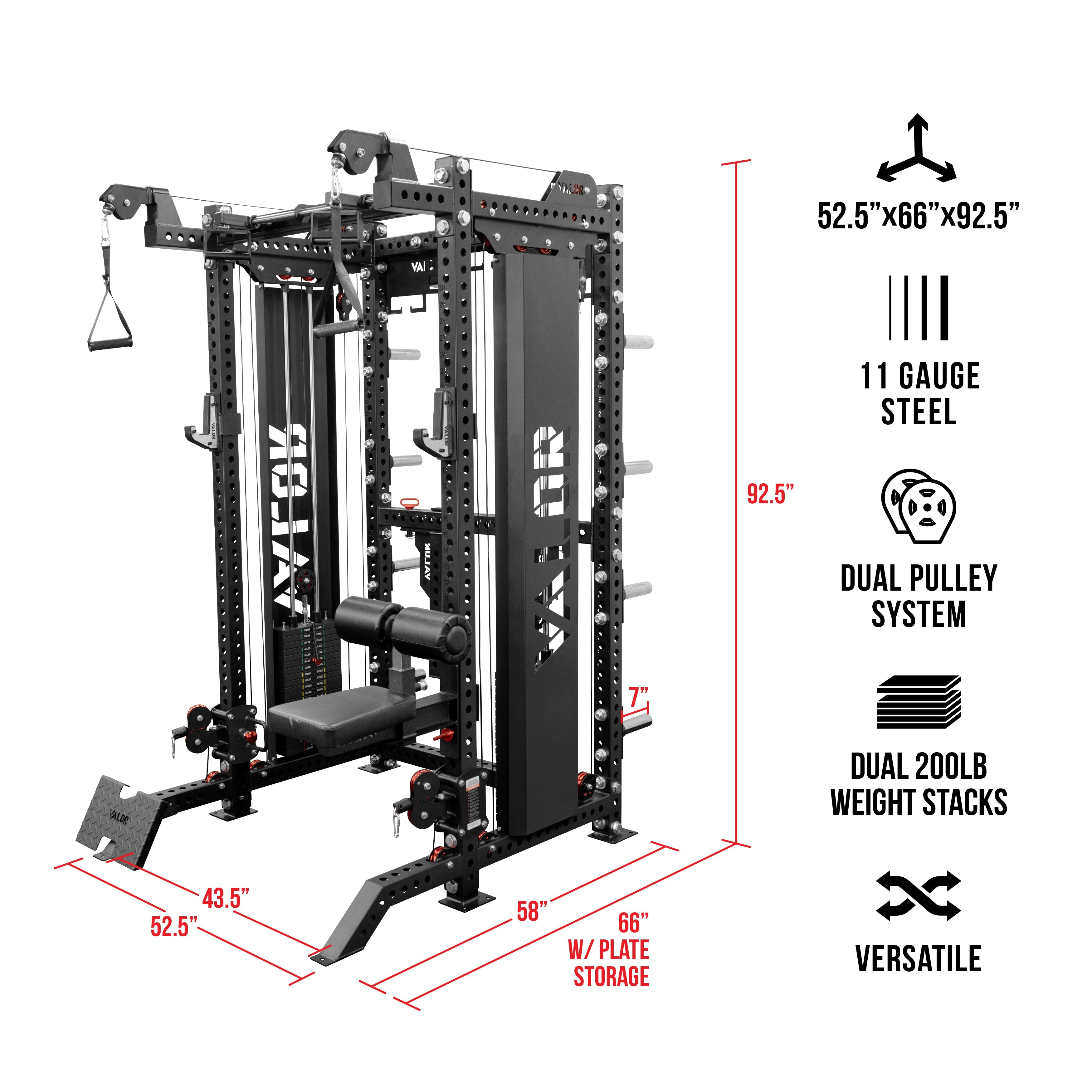 Valor Fitness BD-83 functional trainer power rack dimensions graphic showing 52.5 inch width, 66 inch depth, 92.5 inch height, dual pulley system, dual 200 pound weight stacks, and 11 gauge steel construction