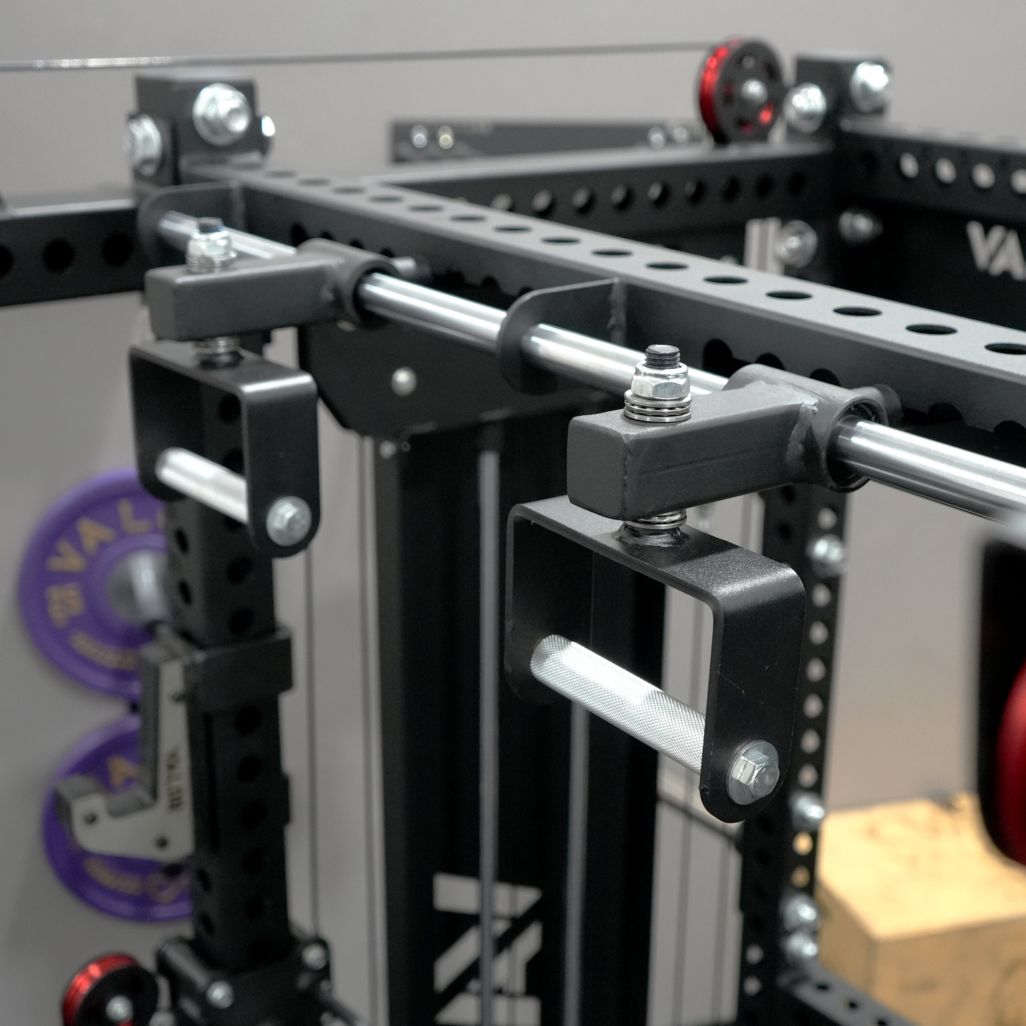 Close up view of the Valor Fitness BD-83 multi grip pull up handles and upper crossmember attachment system