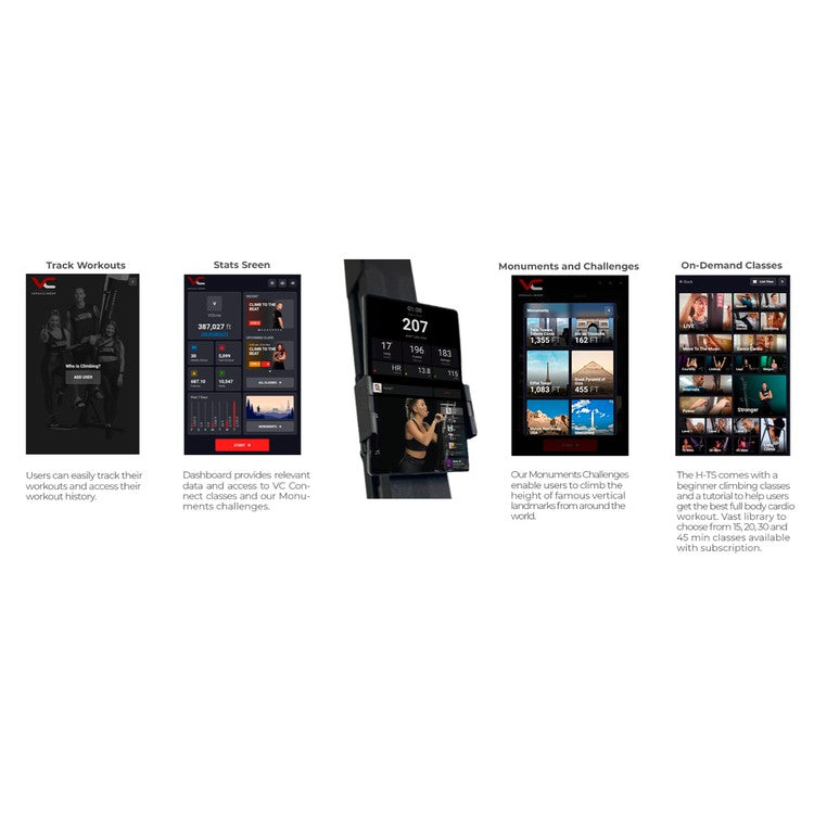 VersaClimber Home Touchscreen H-TS training platform features including workout tracking, stats dashboard, challenges, and on-demand classes