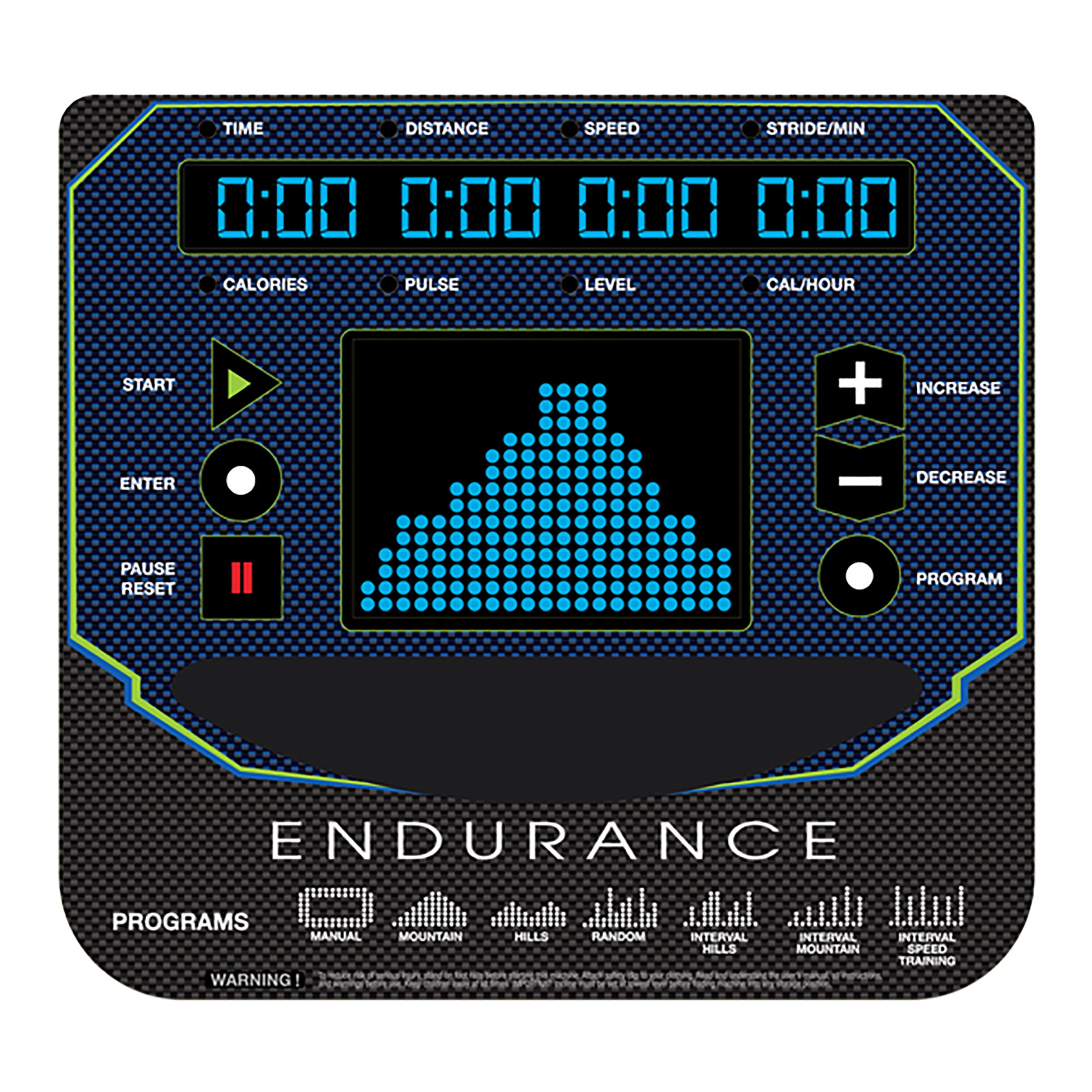 Body-Solid Endurance E5000 elliptical console display showing workout metrics time distance speed calories and programs